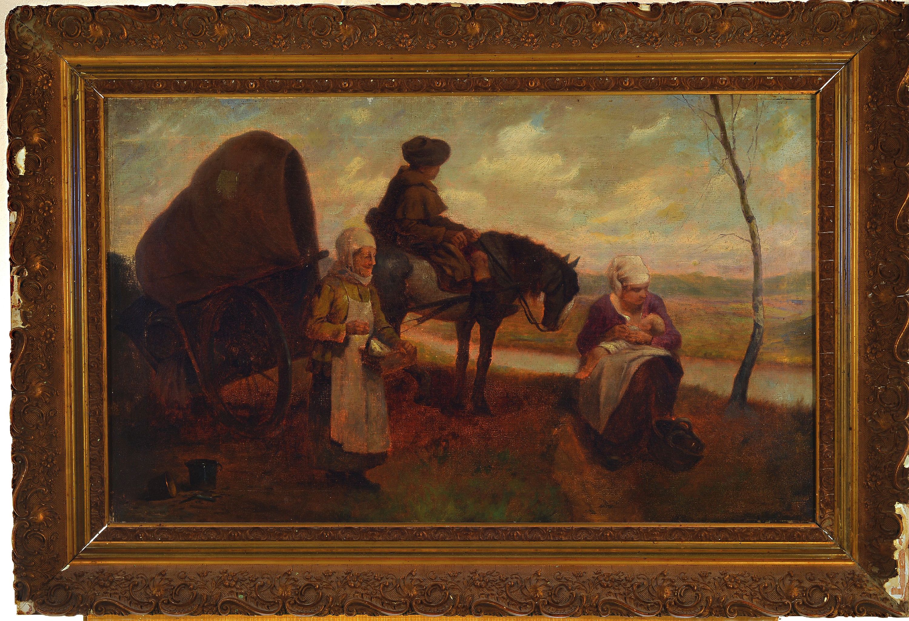 Detail k: Unbekannter Künstler des 19.Jh., Bauernfamilie auf der Rast, unsigniert, Öl/Lwd, restauriert, 50x81 cm, Rahmen beschädigt 70x100 cm