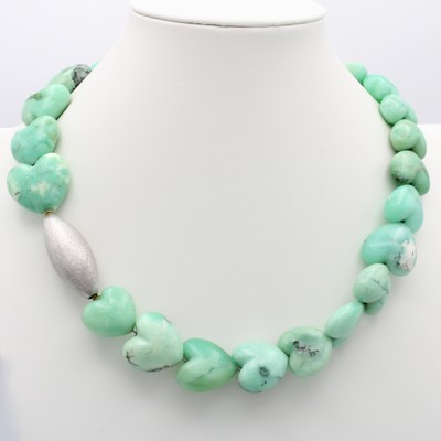 27070553a - Chrysoprascollier mit Wechselschließe, olivförm., strichmatt. Schl. in 925er Silber, ...