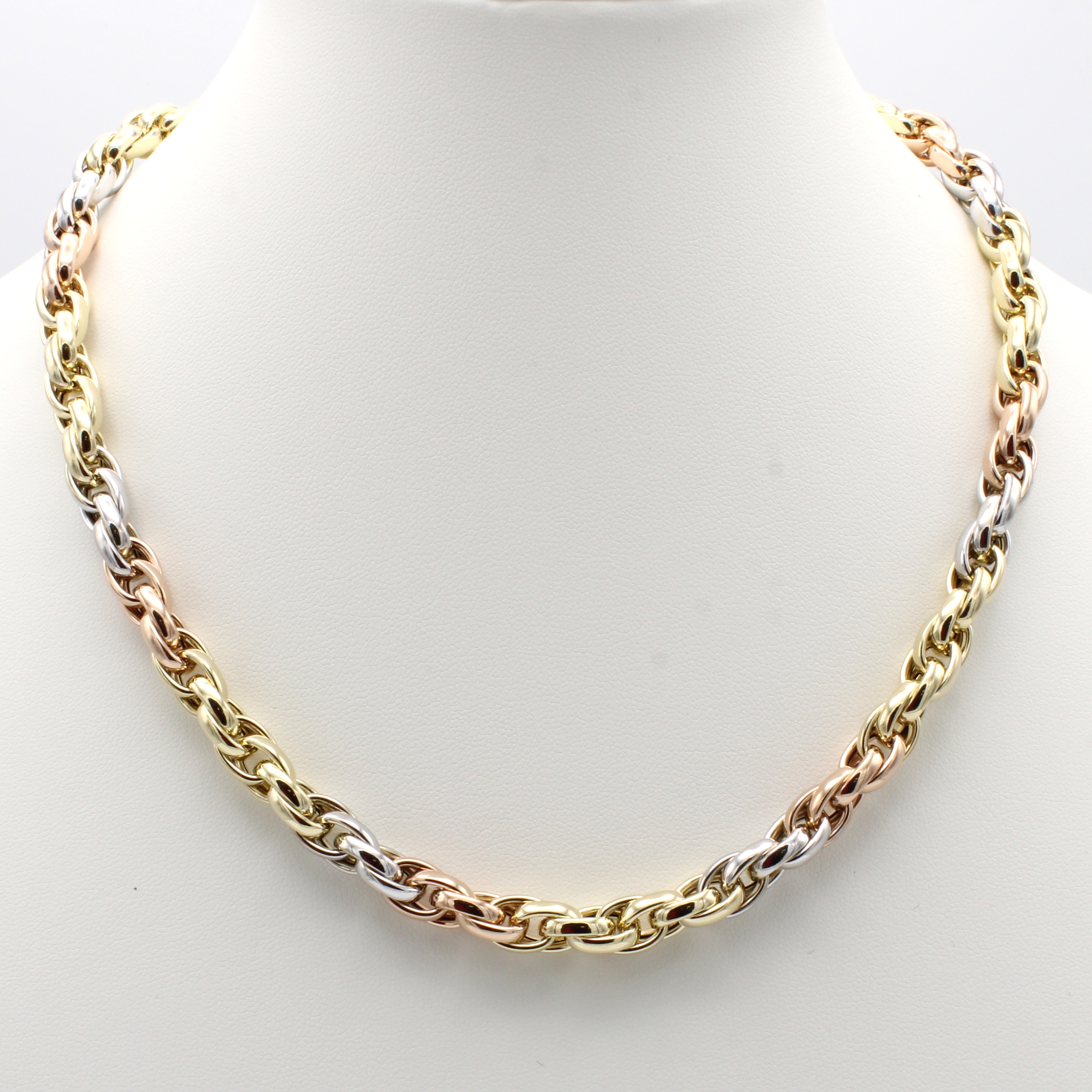 Image 27070626 - Modernes Kordelcollier, GG/WG/RG 585/000, Karabinerschl., B. ca. 7 mm, L. ca. 45 cm