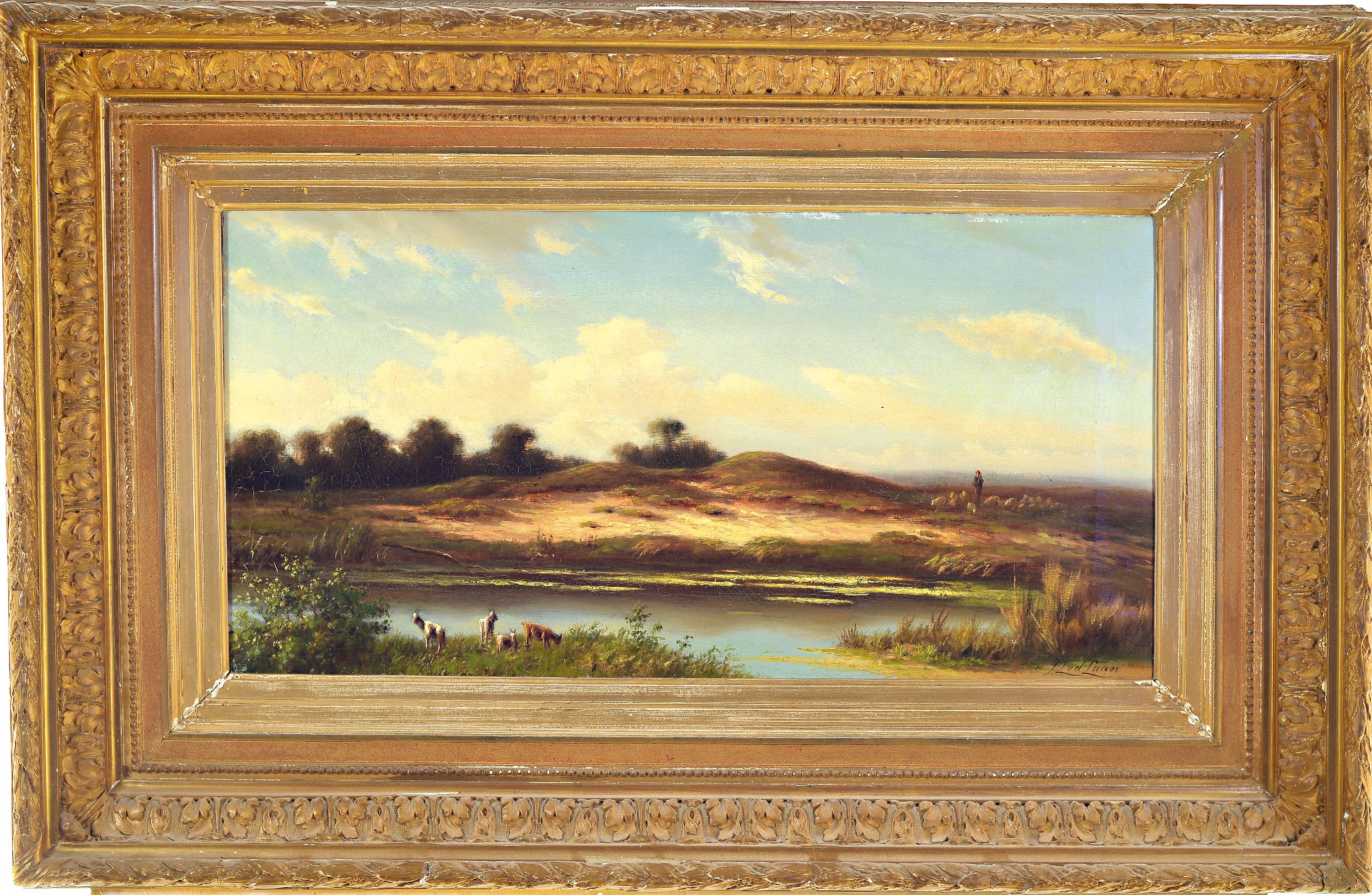 Detail k: Jan Zeeuw van den Laan, 1832-1892 Rotterdam, niederländische Marschlandschaft Schafhirte und Herde an der Tränke, rechts unten signiert, auf altem ...