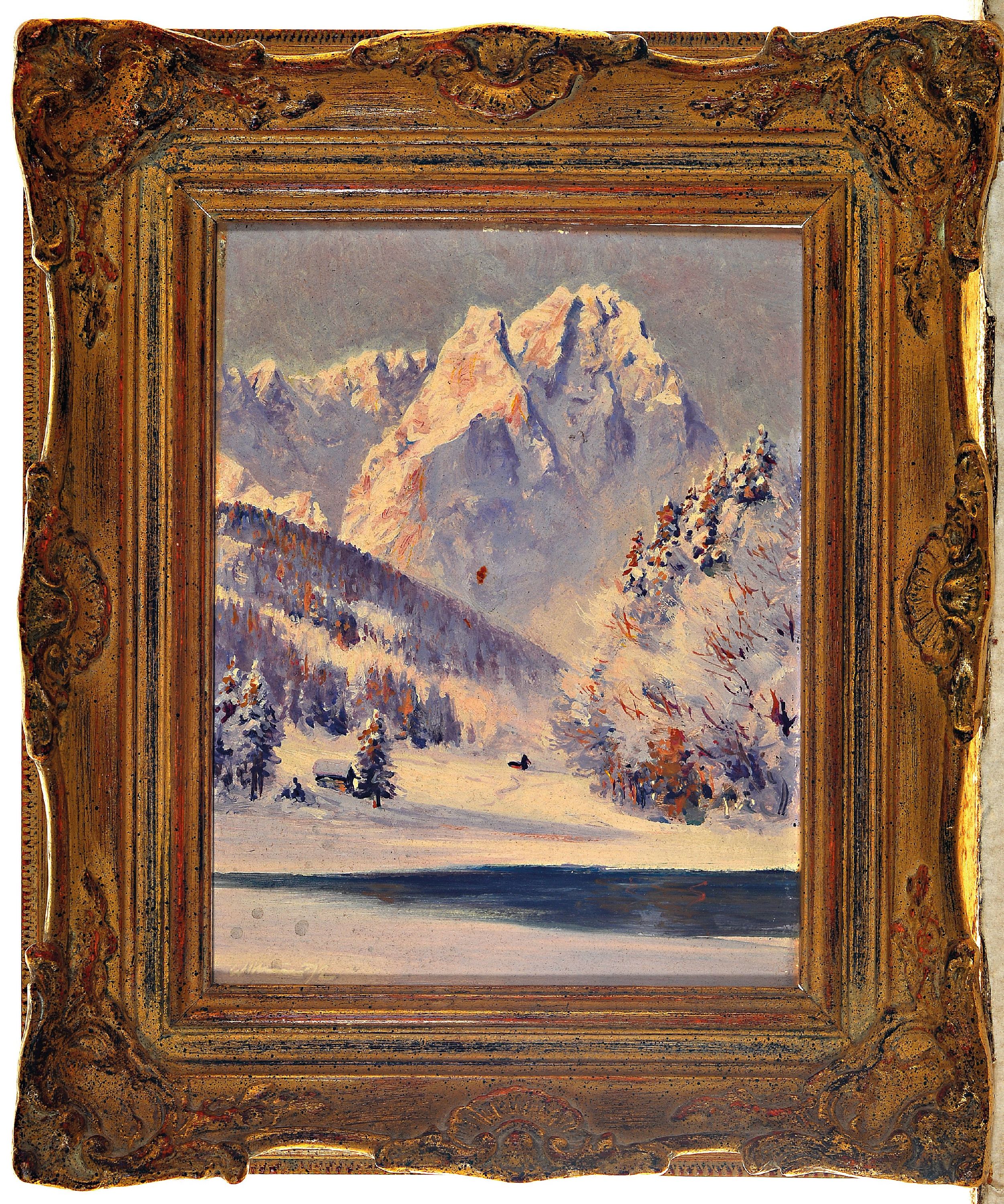 Detail k: Wilhelm "Willy" Neumayer, 1912-1991, MünchenerSchule, Winterlandschaft, "Die Waxensteine vom Riessersee aus (Winter) Garmisch ...