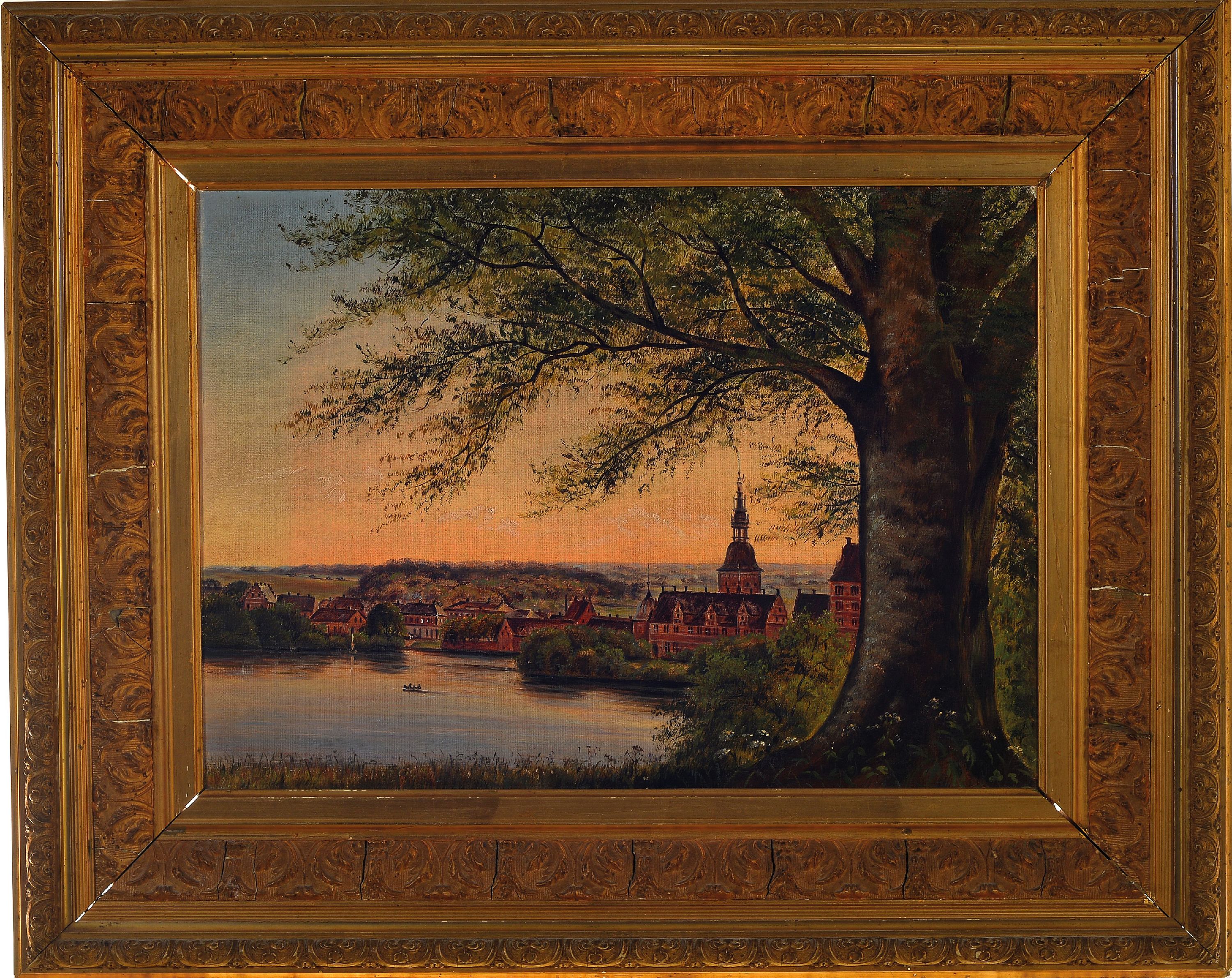 Detail k: Unbekannter Künstler der Mitte des 19.Jh., Ansicht wohl Schloss Frederiksborg in Dänemark, unsigniert, Öl/Lwd, 28x38cm, Rahmen 44x53 cm