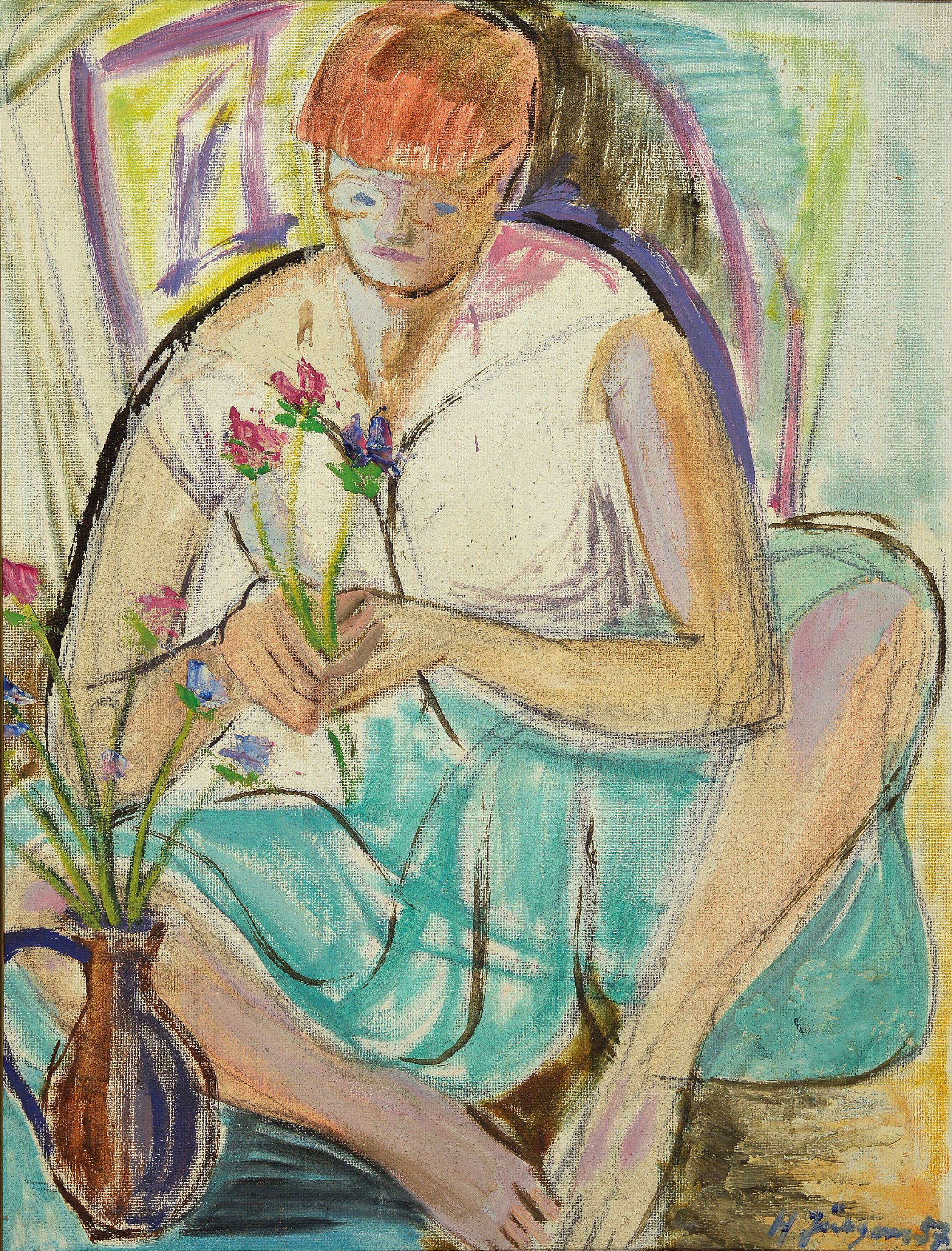 Detail a: Hermann Jürgens, 1914 Heidelberg-1967 Godramstein, 2 Damenbildnisse, skizzenhaft angelegte junge Frau beim Blumenbinden, signiert und datiert 1957, ...