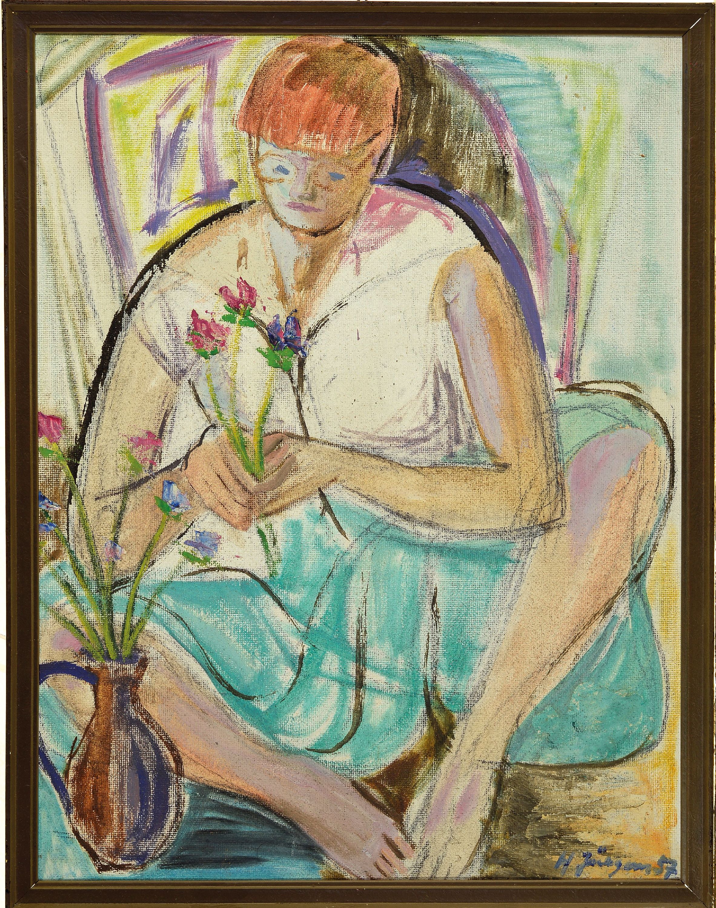 Detail l: Hermann Jürgens, 1914 Heidelberg-1967 Godramstein, 2 Damenbildnisse, skizzenhaft angelegte junge Frau beim Blumenbinden, signiert und datiert 1957, ...