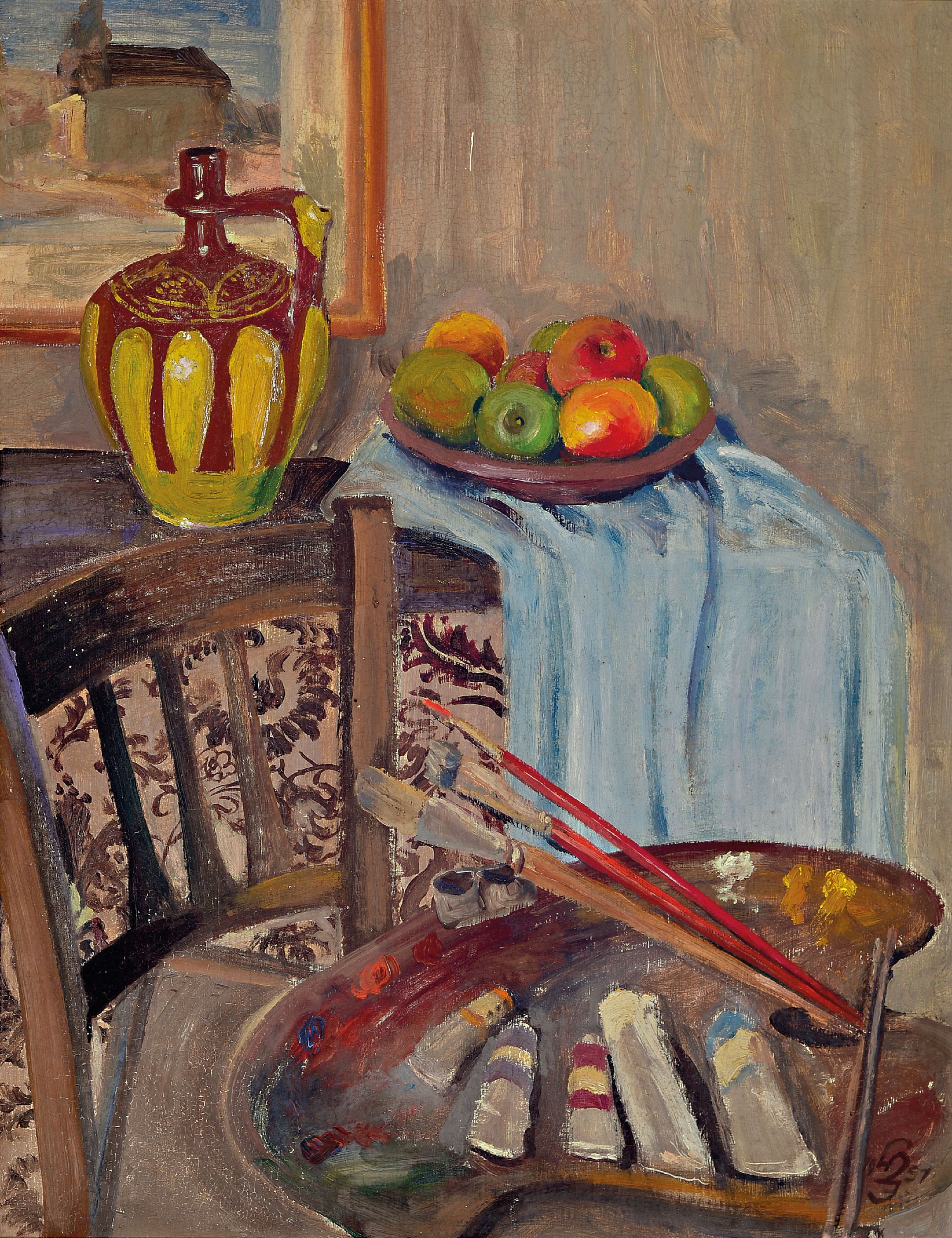 Image 27070906 - Hermann Jürgens, 1914 Heidelberg-1967 Godramstein, Stillleben mit Malerpalette, Äpfeln ...