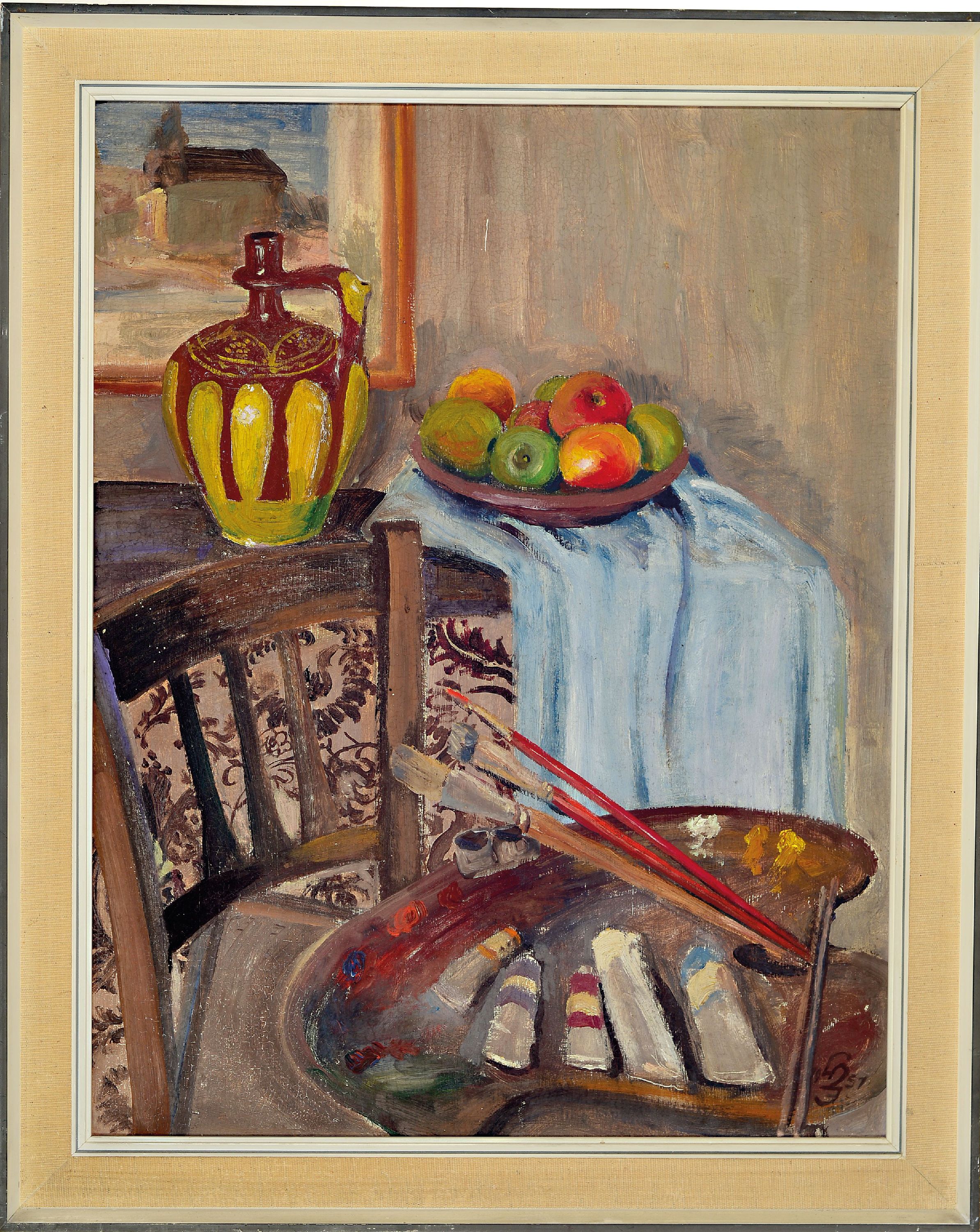 Detail k: Hermann Jürgens, 1914 Heidelberg-1967 Godramstein, Stillleben mit Malerpalette, Äpfeln und Krug, rechts unten signiert und datiert 1951, ...