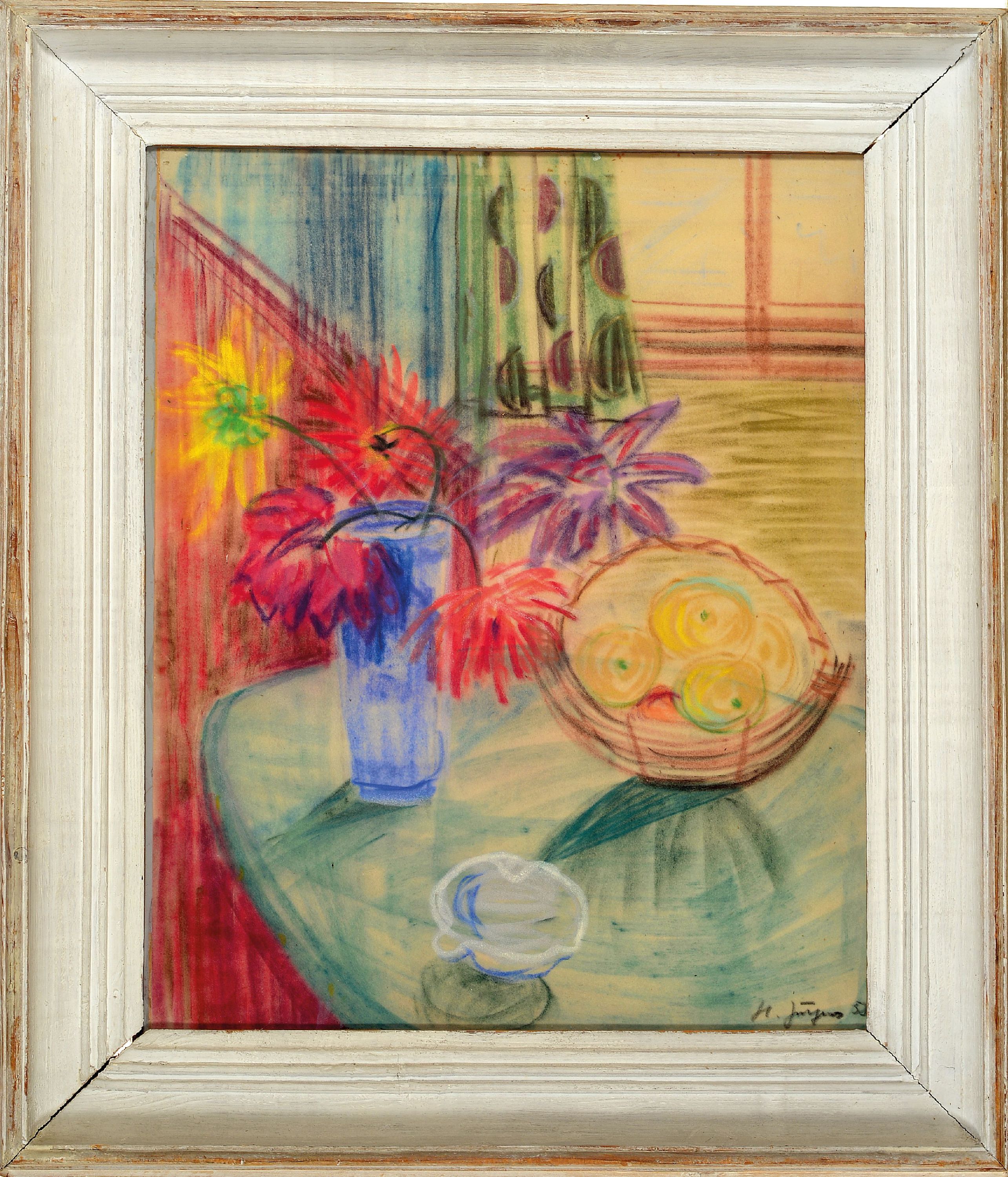 Detail k: Hermann Jürgens, 1914 Heidelberg-1967 Godramstein, impressionistisches Stillleben am Fenster, Pastell hinter Glas, signiert und datiert 1958, Rahmen ...