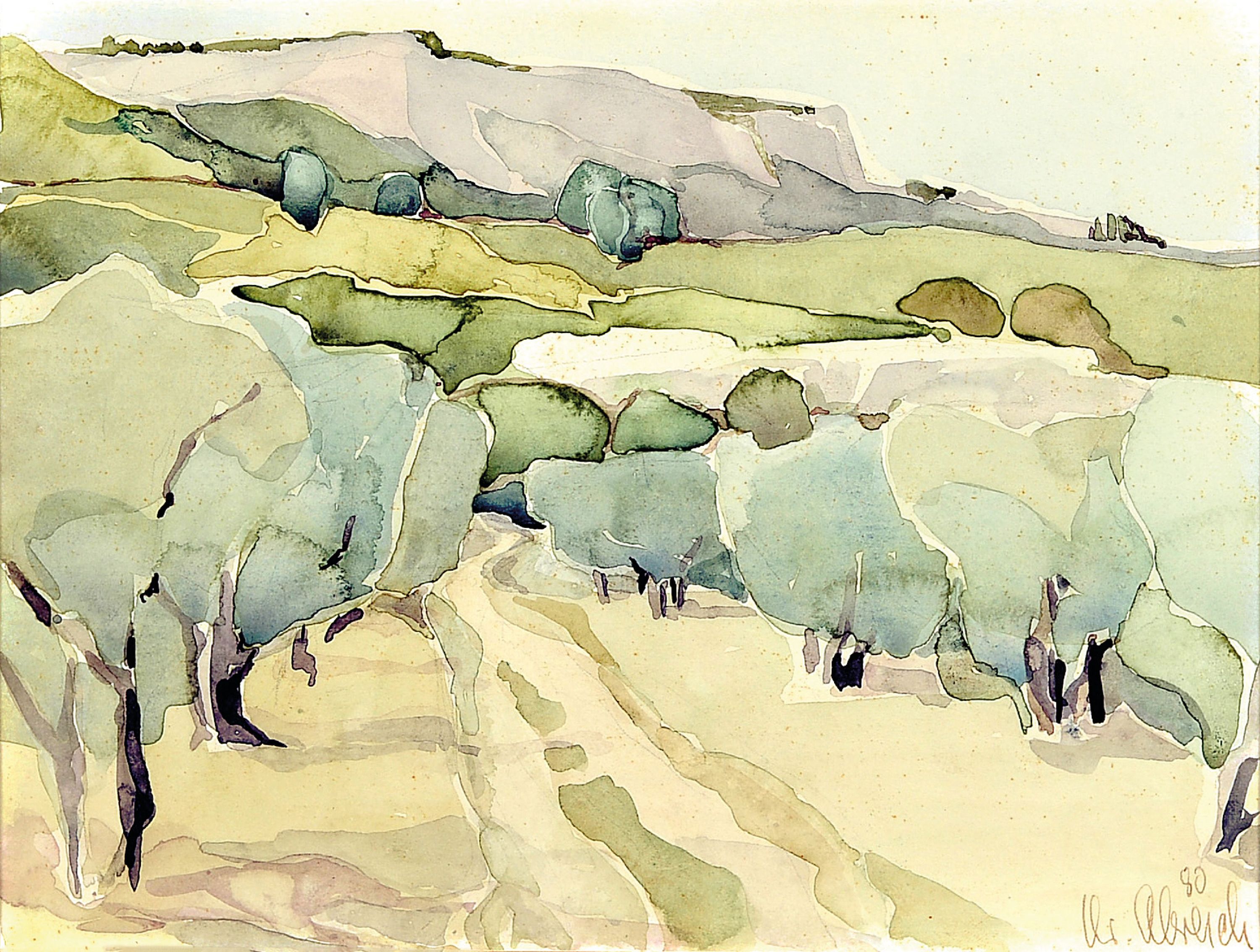 Image 27070910 - Christel Abresch, 1931 Sulzbach-2011 Neustadt , Aquarell, südliche Landschaft, rechts ...