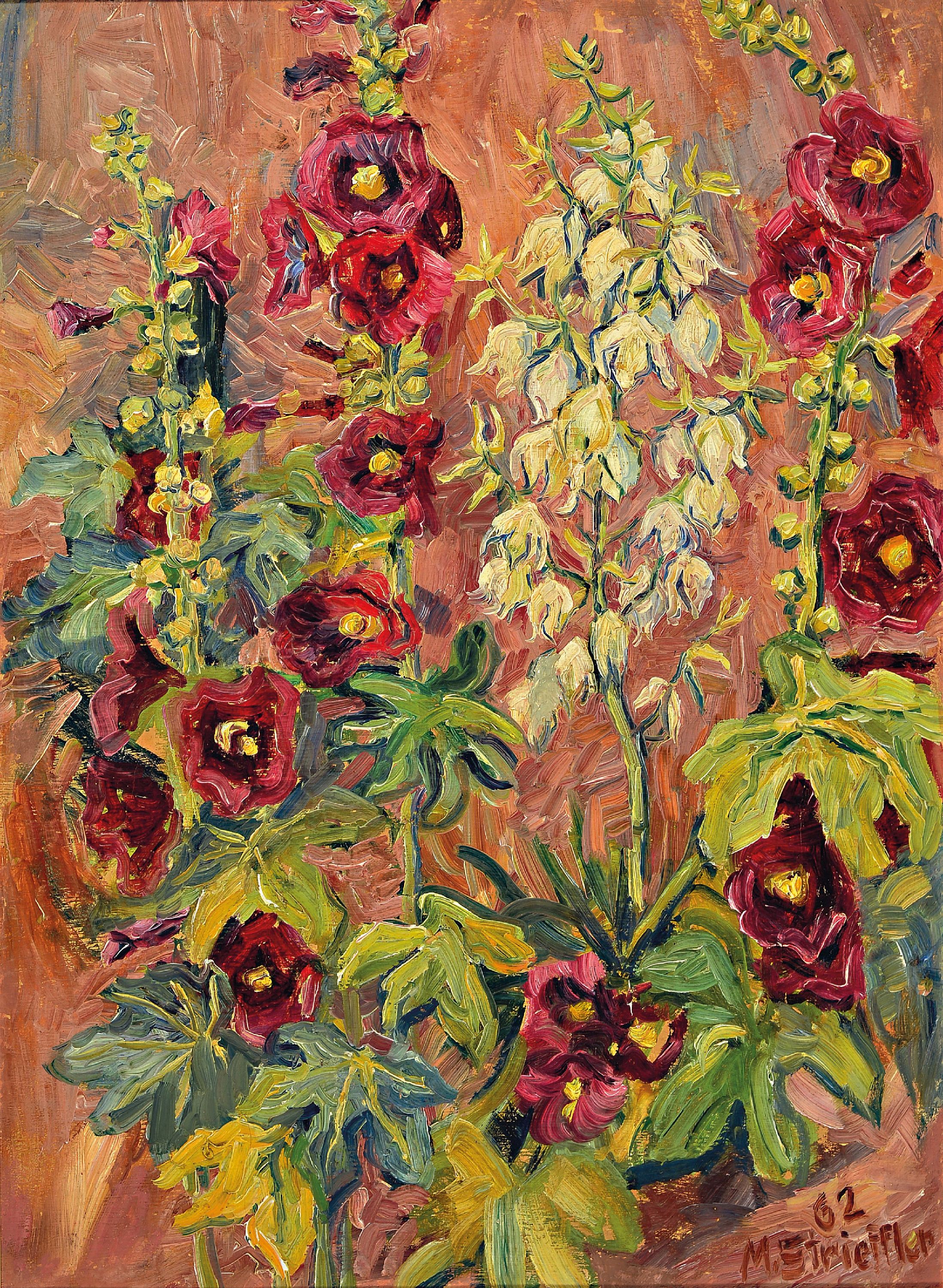 Image 27070916 - Marie Strieffler, 1917-1987 Landau, reiches Blumenstillleben mit Stockrosen und Malven, ...