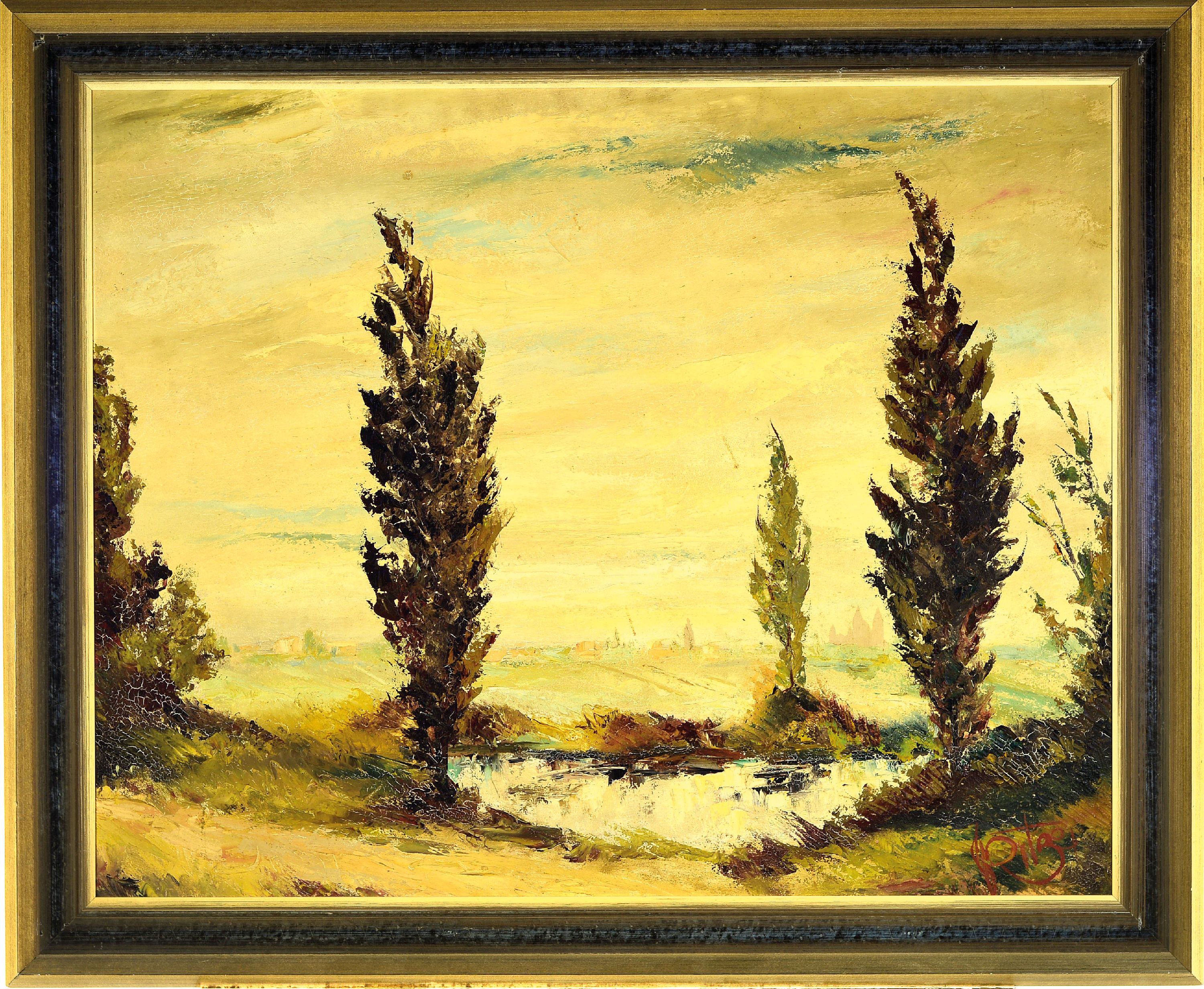 Detail k: Karl Philipp Spitzer, 1887-1954 Speyer, Altrheinlandschaft mit der Silhouette von Speyer und dem Dom, rechts unten signiert, Öl/Masonit, 78x98 cm, ...
