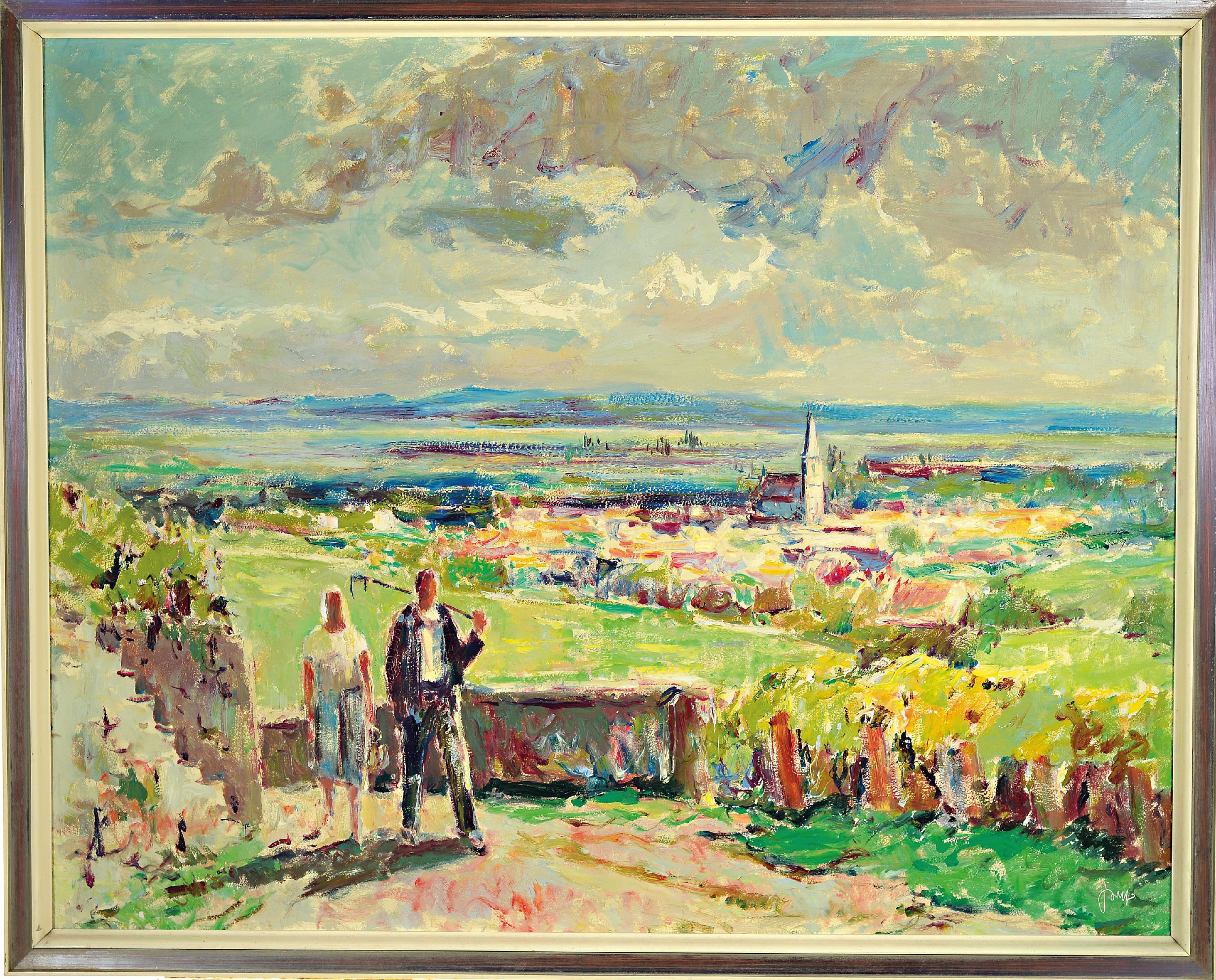 Detail k: Karl Graf, 1902 Rothenburg ob der Tauber-1986 Speyer, Pfalzlandschaft, Blick über Roth unter Rietburg in die Rheinebene, Staffage von Winzerpaar, ...