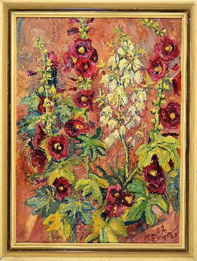 27070916k - Marie Strieffler, 1917-1987 Landau, reiches Blumenstillleben mit Stockrosen und Malven, ...