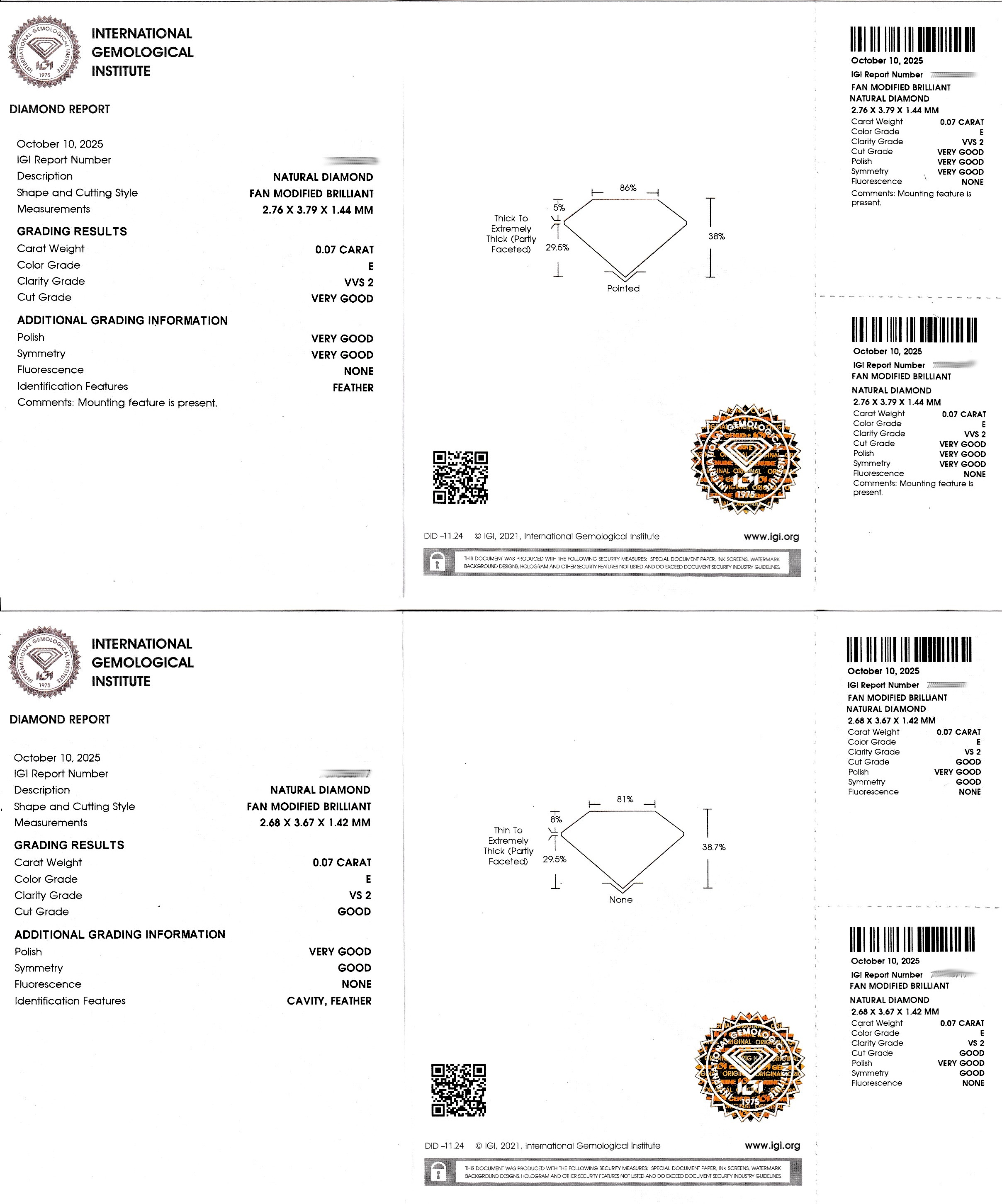 Detail c: Lot 2 lose Diamanten, jew. 0.07 ct hochfeines Weiß(E)/vvs2 und vs2, eingeschweißt, IGI-Expertisen