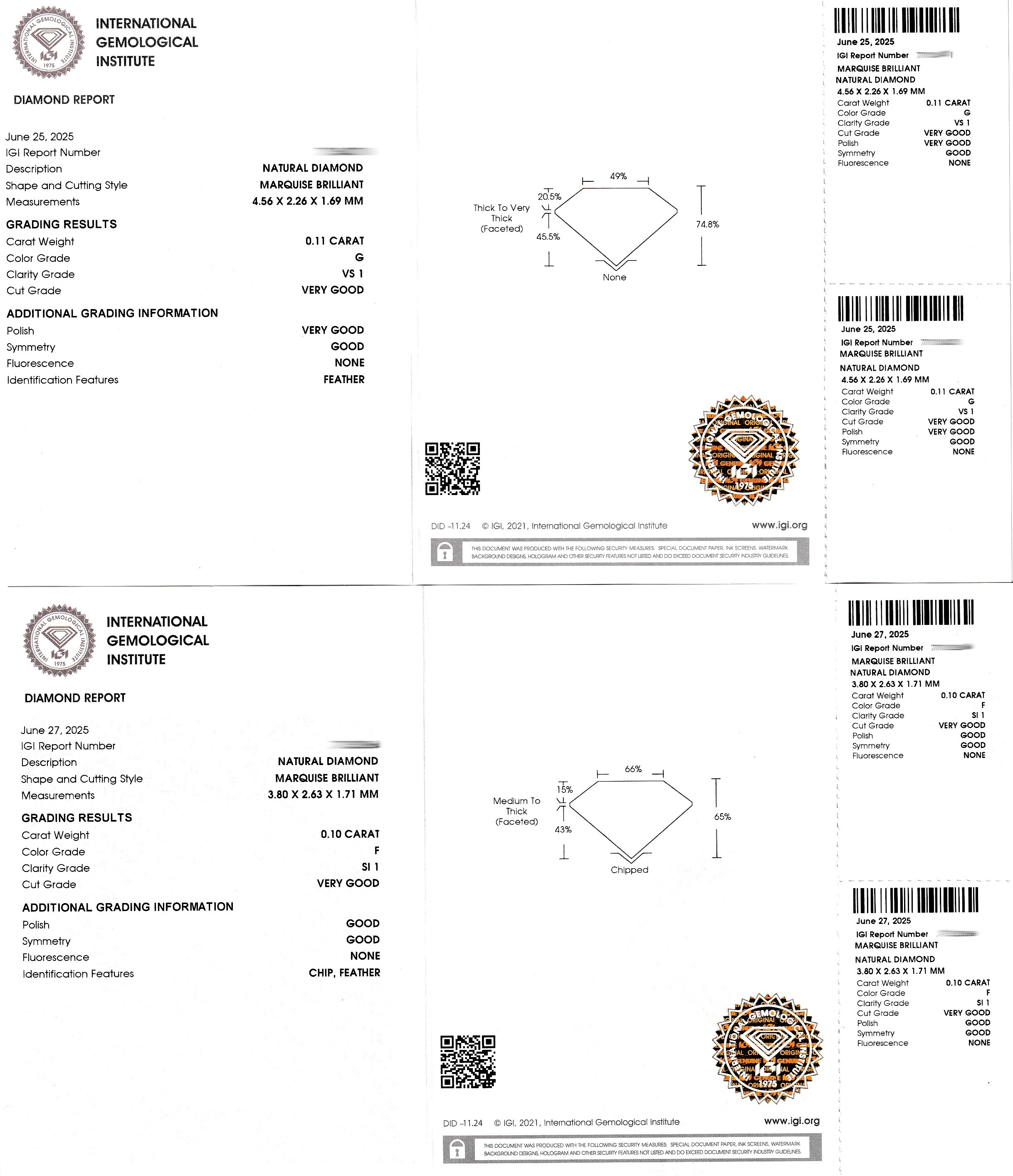 Detail c: Lot 2 lose Diamant-Navettes, 1 x 0.10 ct feines Weiß(F)/si1, 1 x 0.11 ct feines Weiß (G)/vs1, verschweißt, IGI-Expertisen