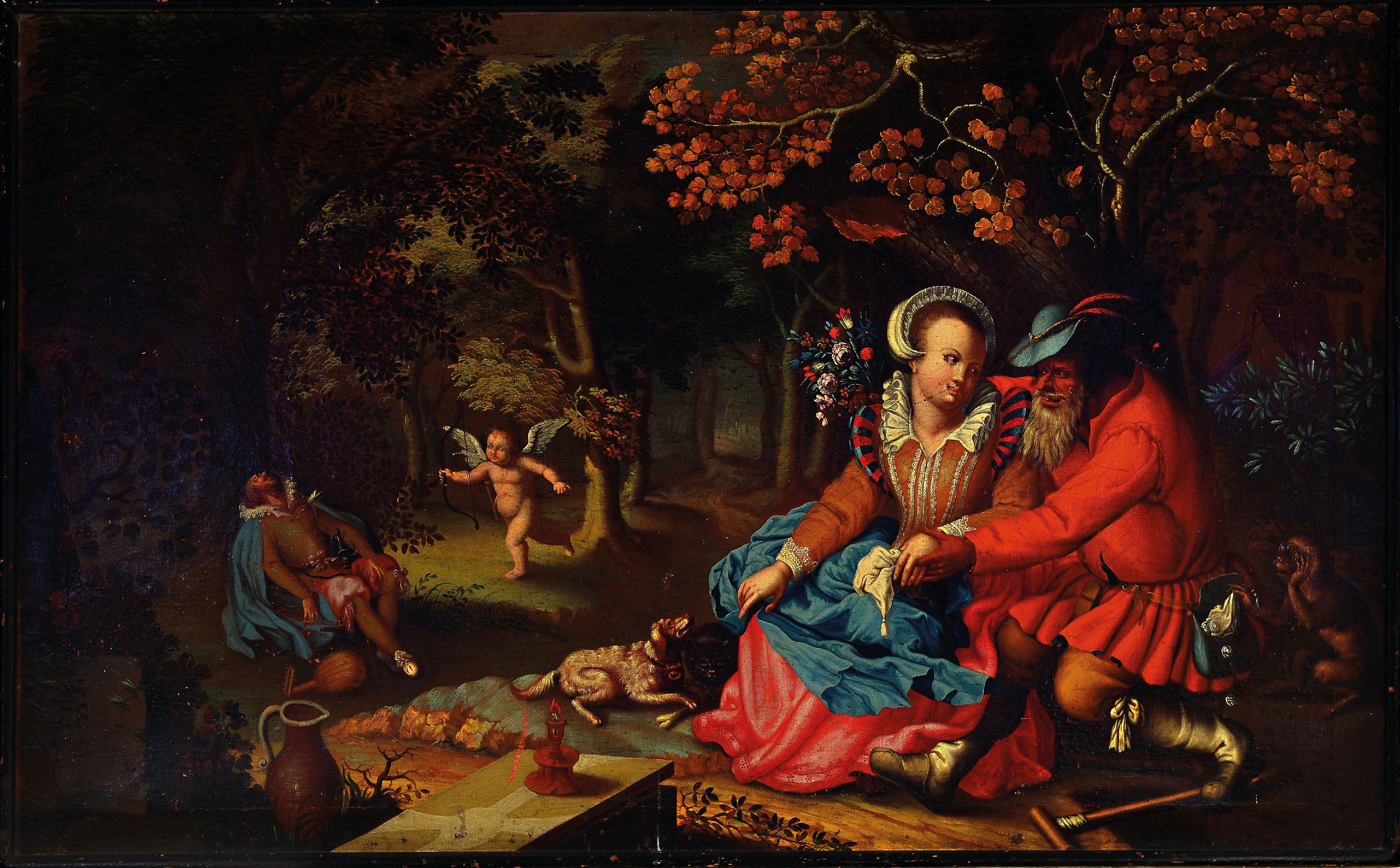 Detail k: Zuschreibung: Davis Vinkboons, 1576 Mechelen-1632 Amsterdam, Allegorie auf die Liebe: Alter Mann, junge Frau und geflügelter Amor, Öl/Lwd, ...