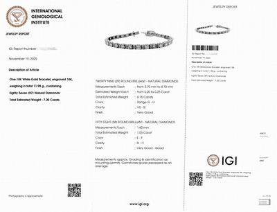 27071597a - 18 kt Gold Brillant-Armband, WG 750/000, 29Brillanten zus. ca. 6.15 ct feines Weiß- ...