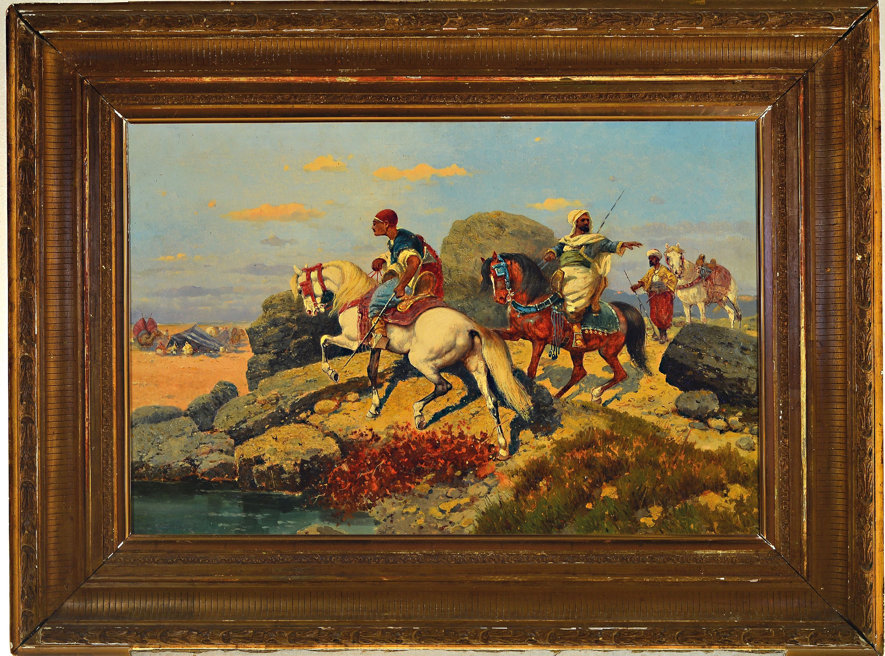 Detail k: Unbekannter Maler, wohl französisch, um 1870, Beduinen Reiter an einer Oase, Öl/Lwd, rest., doubl., ca. 53x80cm, mit ca. 13cm breitem Rahmen