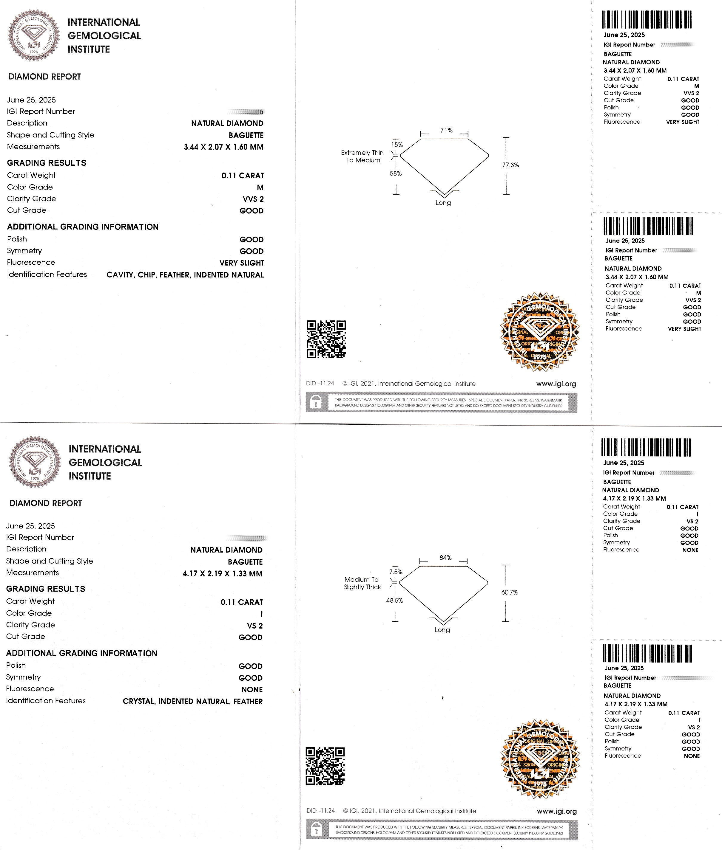 Detail c: Lot 2 lose Diamantbaguettes, 1 x 0.11 ct Getönt(M)/vvs2, 1 x 0.11 ct l.get.Weiß(I)/vs2, eingeschweißt, IGI-Expertisen
