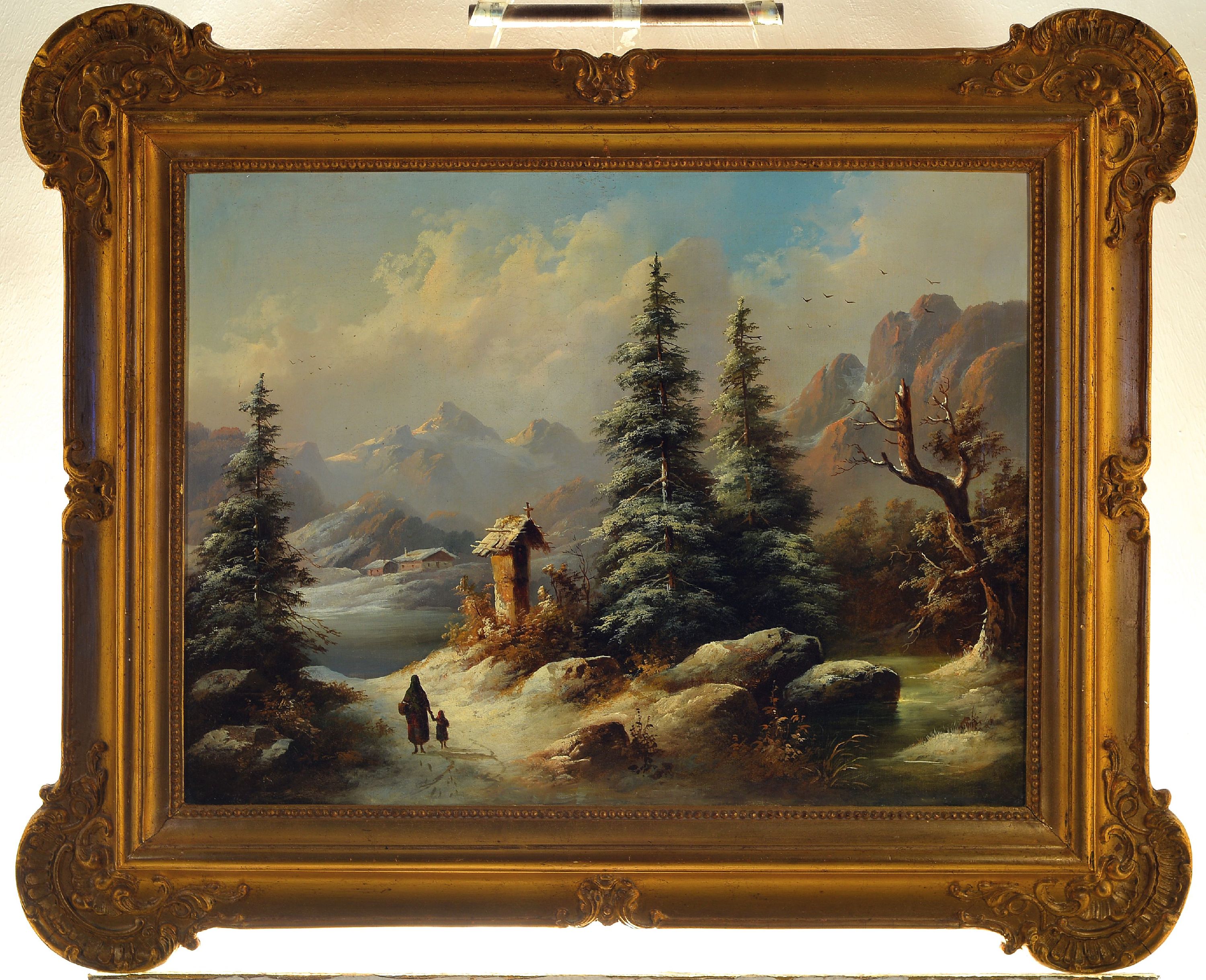 Detail k: Zuschreibung: Johann Bernhard Klombeck, 1815 Kleve-1893 ebenda, verschneite Winterlandschaft in den bergen, Mutter mit Kind laufen auf ein Haus im ...
