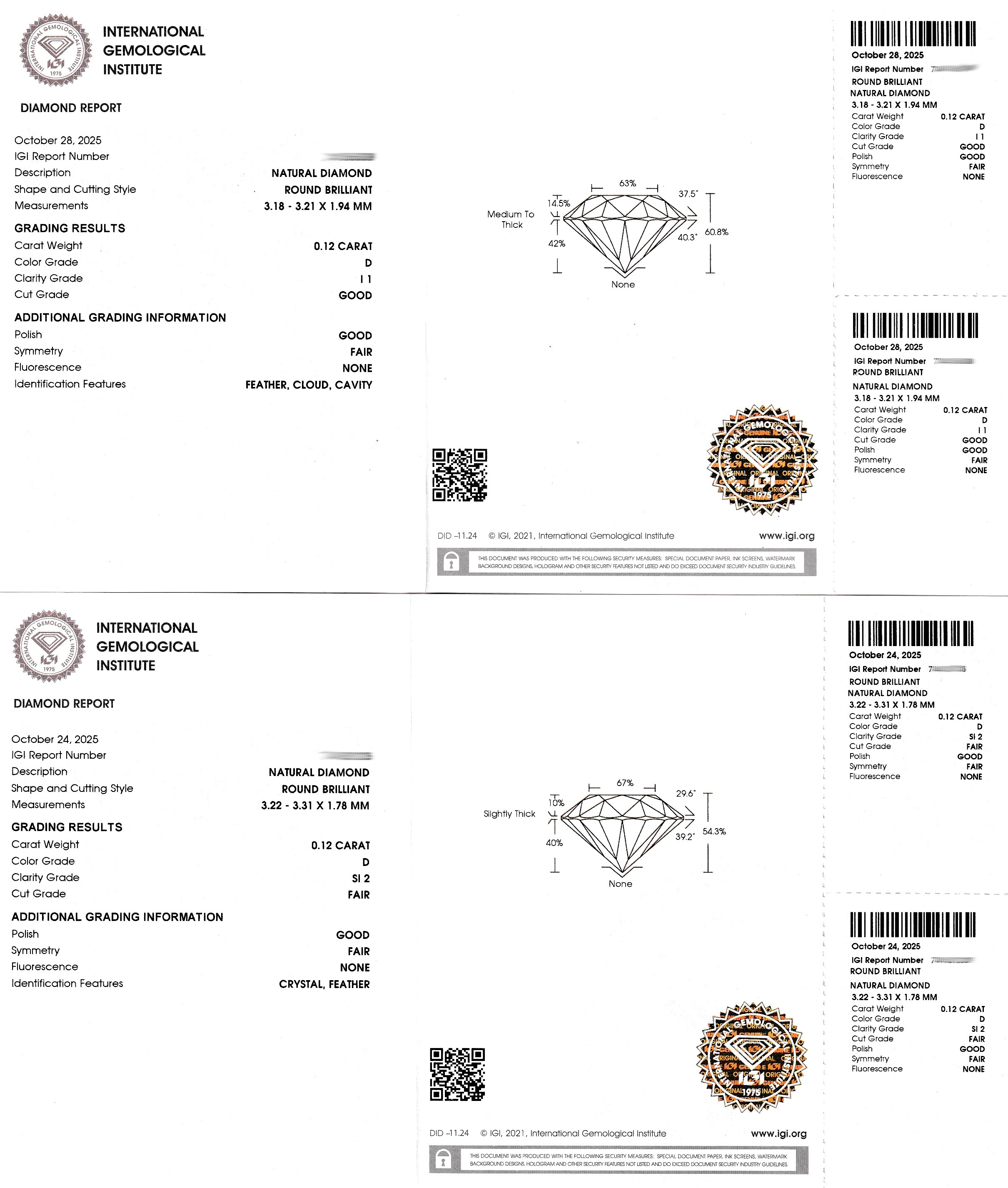 Detail c: Lot 2 lose Brillanten, 1 x 0.12 ct hochfeines Weiß(D)/p1, 1 x 0.12 ct hochfeines Weiß (D)/si2, eingeschweißt, IGI-Expertisen