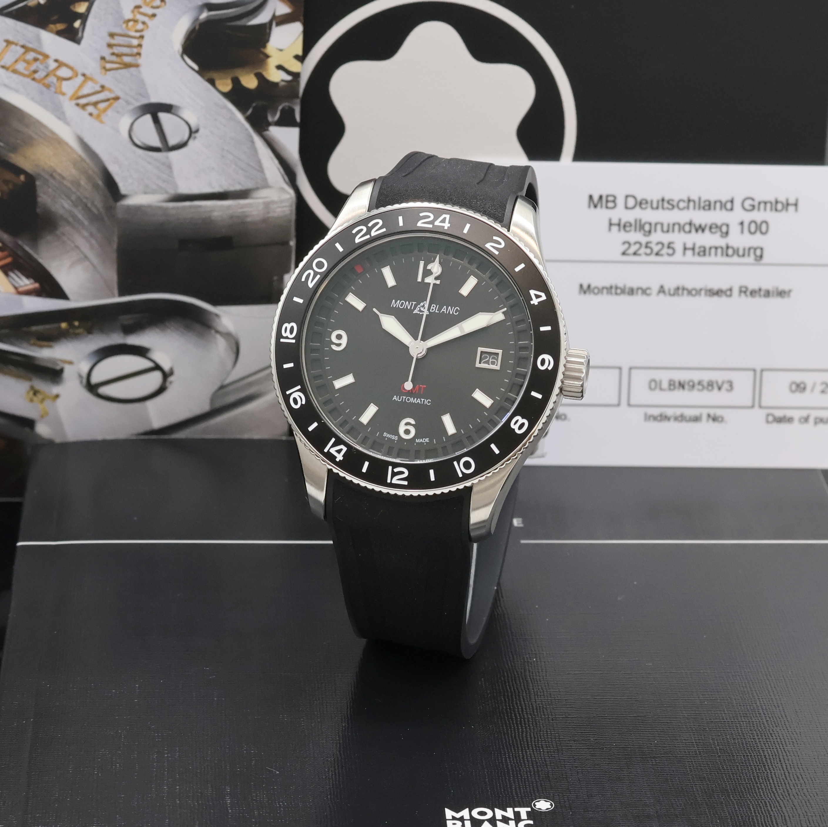 Image 27071617 - MONTBLANC 1858 GMT Herrenarmbanduhr Referenz 129766, Automatik, Edelstahlgeh. inkl. ...