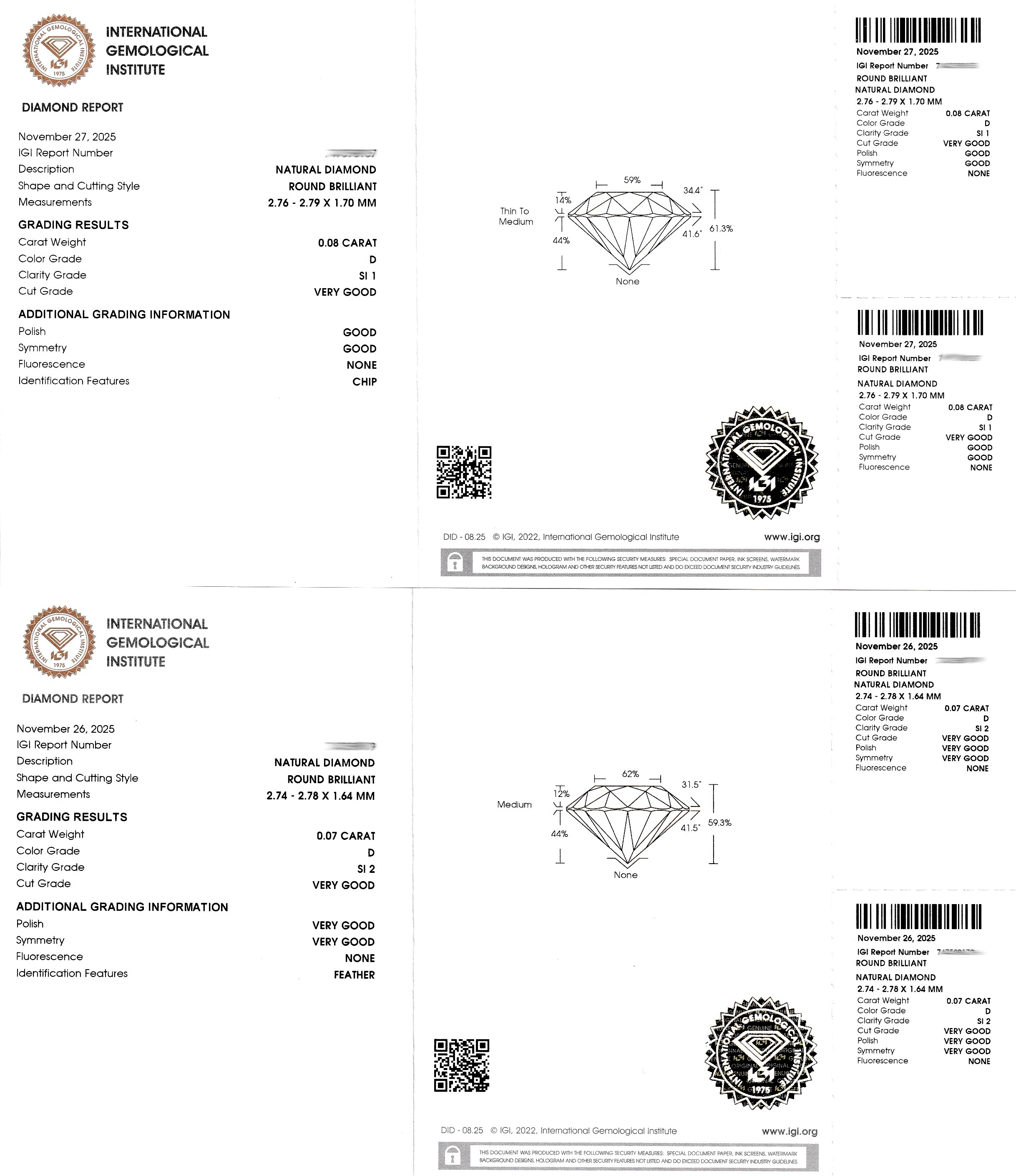 Detail c: Lot 2 lose Brillanten, 1 x 0.08 ct hochfeines Weiß(D)/si1, 1 x 0.7 ct hochfeines Weiß(D)/si2, jew. verschweißt, IGI-Expertisen