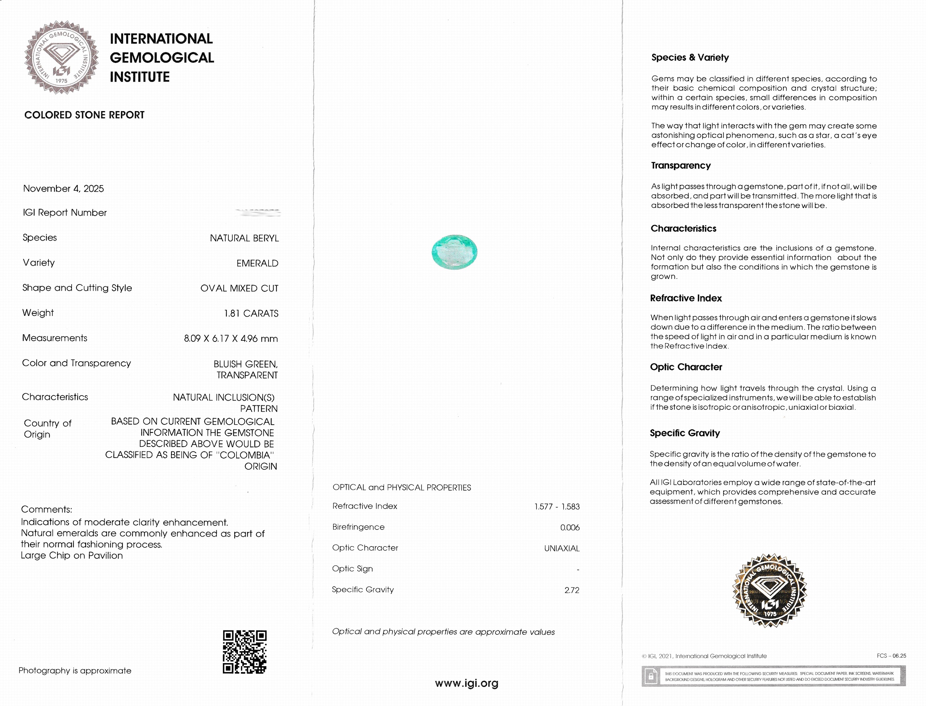 Detail d: Loser Smaragd, ca. 1.81 ct, ovalfacett., bluish green, transparent, beh., Rand besch., eingeschweißt, IGI-Expertise anbei