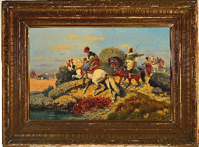 27071605k - Unbekannter Maler, wohl französisch, um 1870, Beduinen Reiter an einer Oase, Öl/Lwd, ...