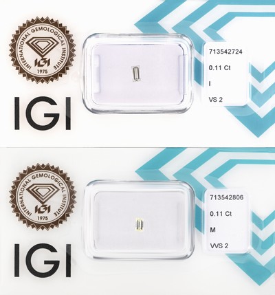 Image Lot 2 lose Diamantbaguettes, 1 x 0.11 ct Getönt(M)/vvs2, 1 x 0.11 ct l.get.Weiß(I)/vs2, ...