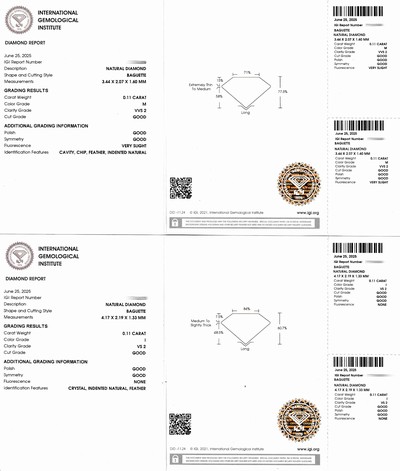 27071608c - Lot 2 lose Diamantbaguettes, 1 x 0.11 ct Getönt(M)/vvs2, 1 x 0.11 ct l.get.Weiß(I)/vs2, ...