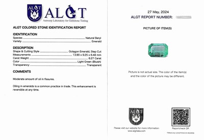 27071629d - Loser Smaragd, ca. 6.27 ct, Emerald Cut, lightgreen (bluish) transparent, eingeschweißt, ...