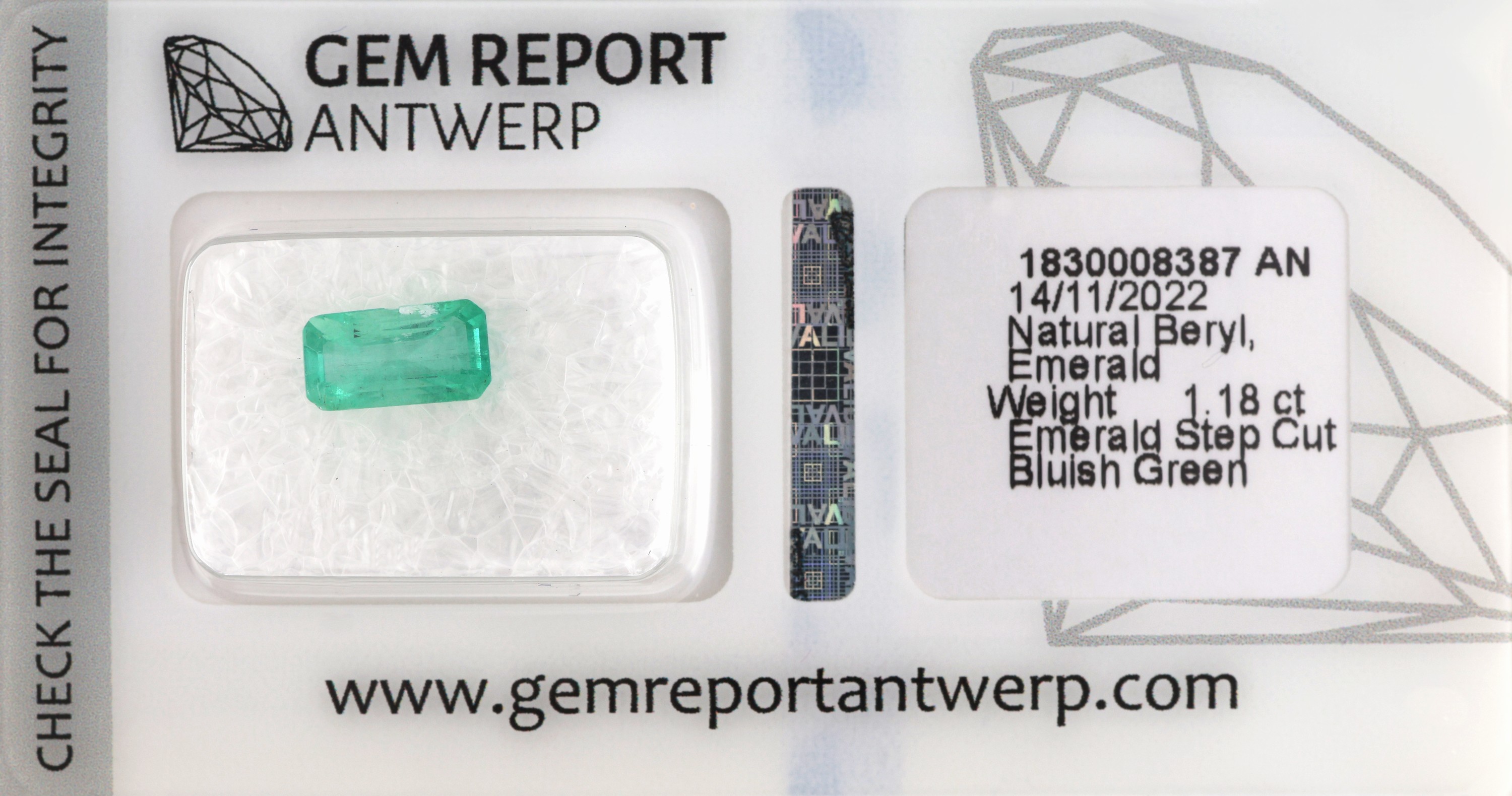 Image 27071724 - Loser Smaragd, ca. 1.18 ct, Emerald Cut, ca. 8.69 x 5.68 3.80 mm, bluish green, ...