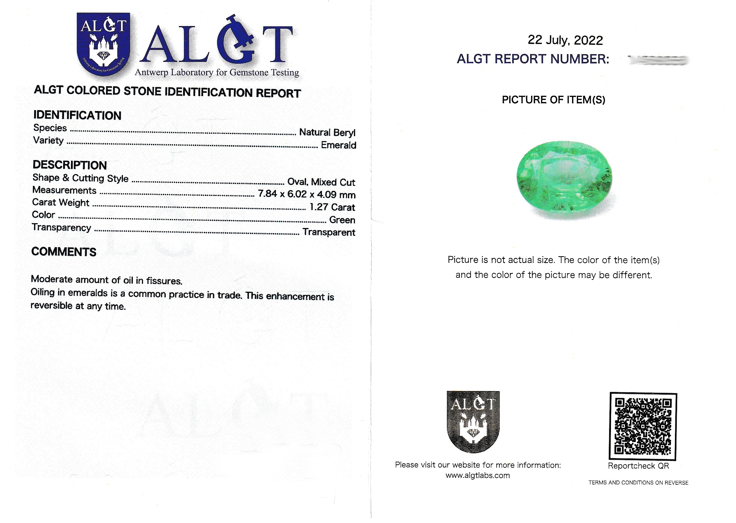 Detail a: Loser Smaragd ca. 1.27 ct, oval facett. ca. 7.84 x 6.02 x 4.09 mm, green, transparent, eingeschweißt mit ALGT Report