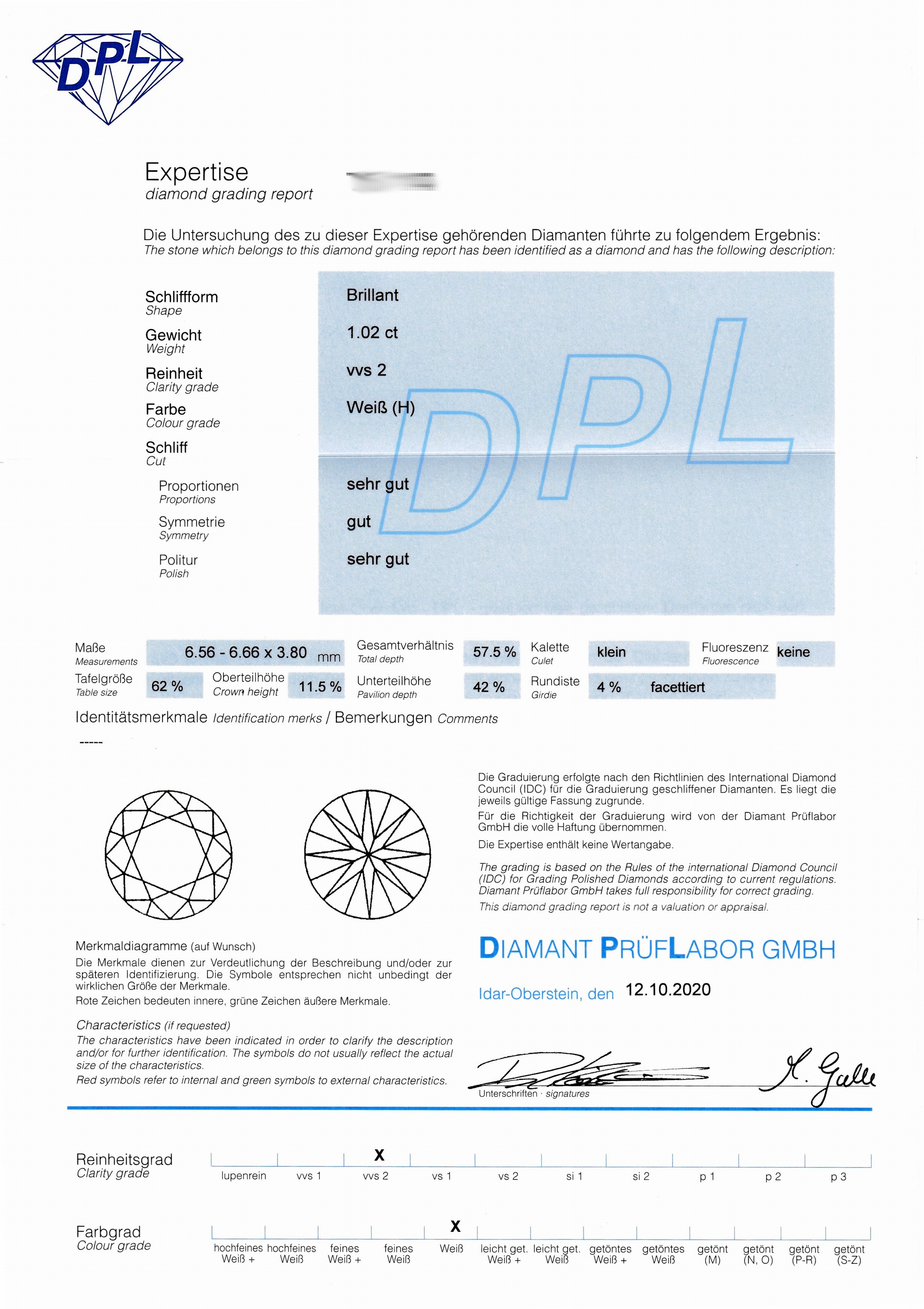 Detail d: Loser Brillant, 1.02 ct Weiß(H)/vvs2, DPL Expertise