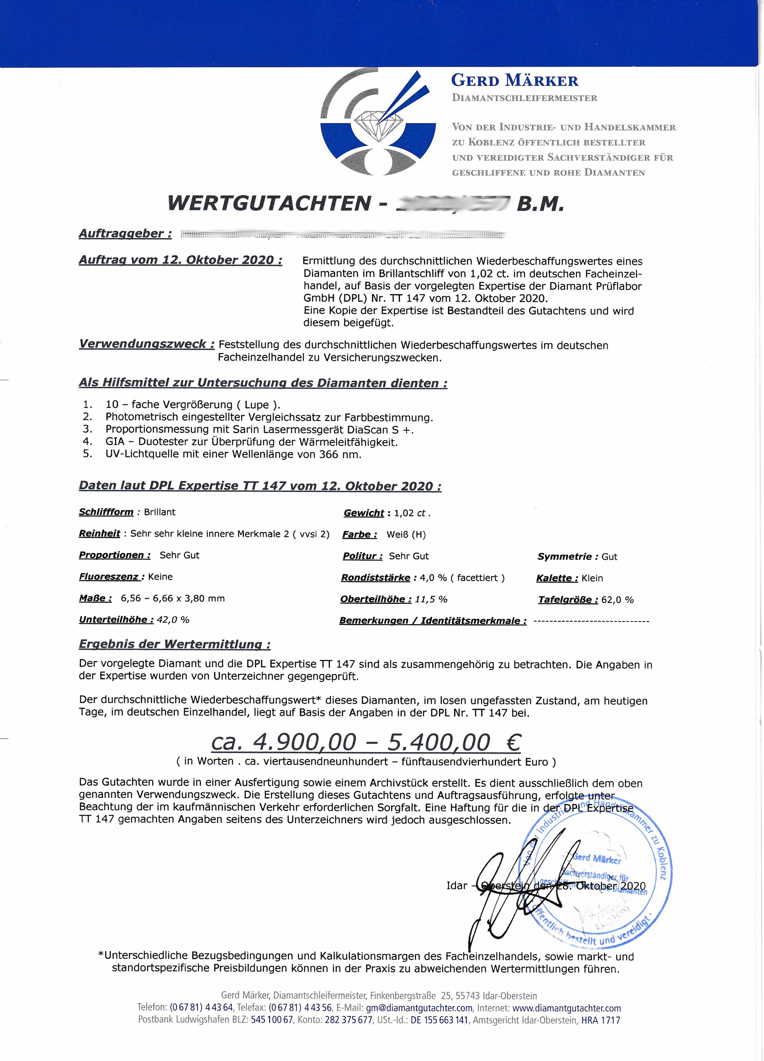 Detail e: Loser Brillant, 1.02 ct Weiß(H)/vvs2, DPL Expertise