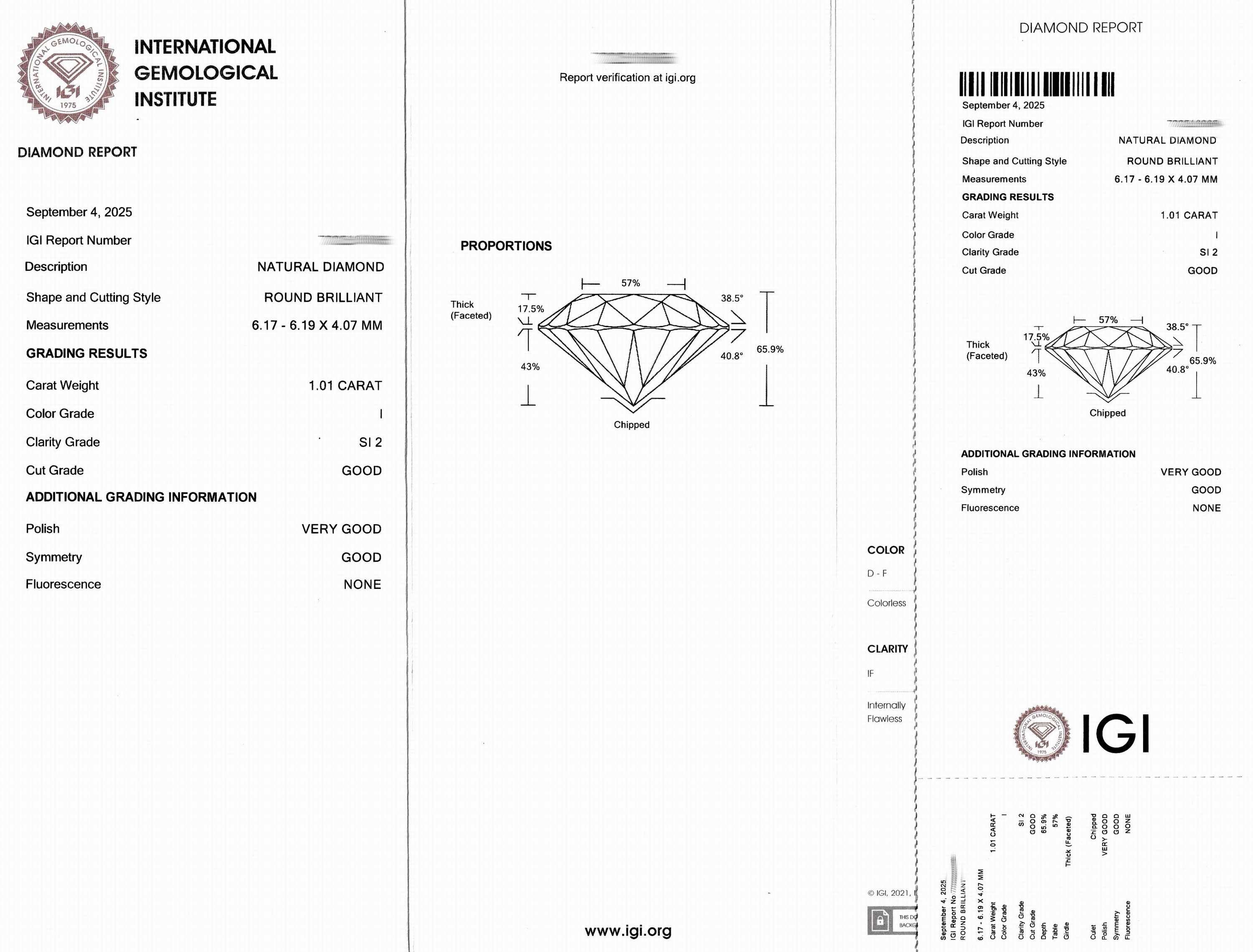 Detail a: Loser Brillant 1.01 ct l.get.Weiß(I)/si2, eingeschweißt, IGI Report