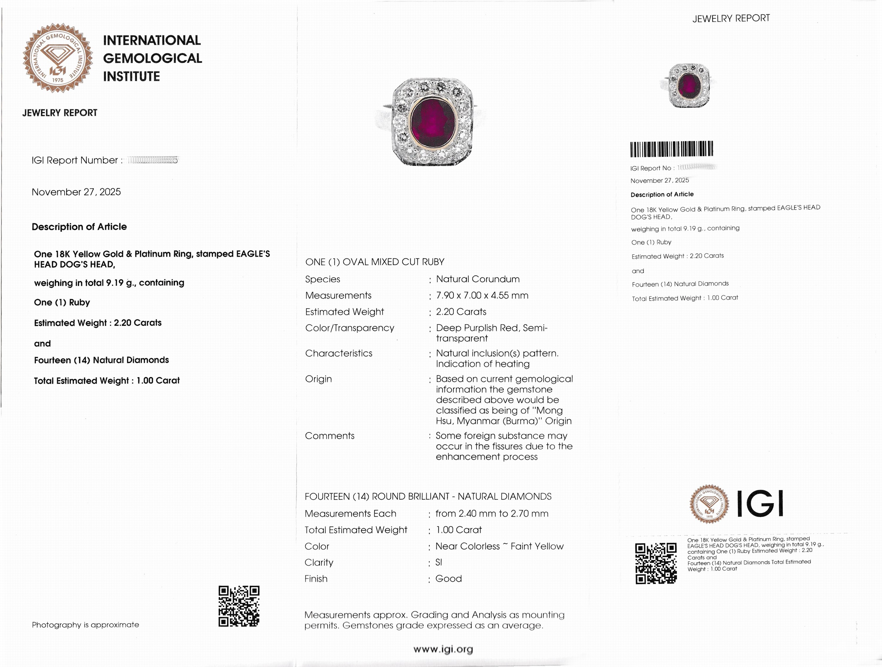 Detail a: 18 kt Gold und Platin Rubin-Brillant-Ring, Platin und GG 750/000, ovalfacett. Rubin ca. 2.20 ct deep purplish Red, Semitransparent (beh.), 14 ...