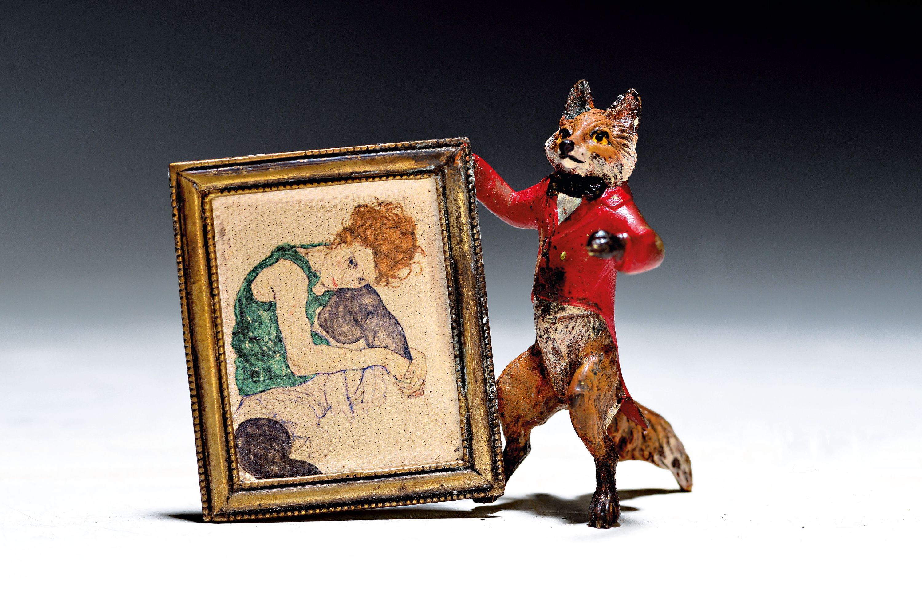 Fuchsmaler mit Bild nach Egon Schiele, Wiener Bronze, sign. Wasserkrug, bunt staffiert, H.ca. 6.5 cm