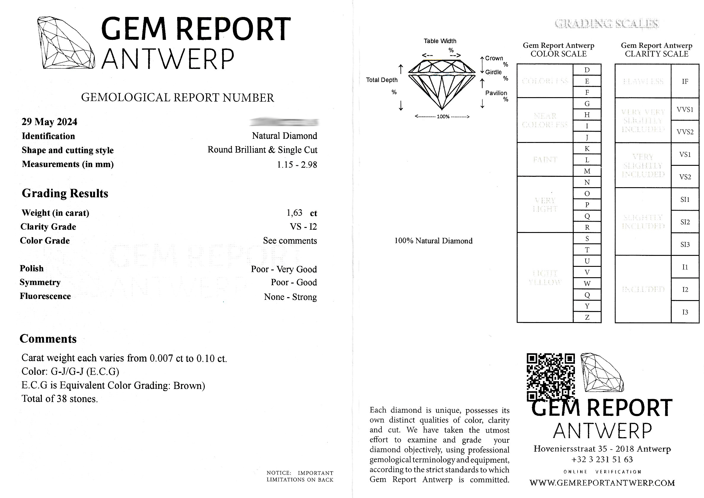 Detail a: 38 lose Brillanten und Diamanten zus. ca. 1.63 ct feines Weiß-get./braun/vs-p2, 0.007 bis 0.10 ct, eingeschweißt, GEM Report