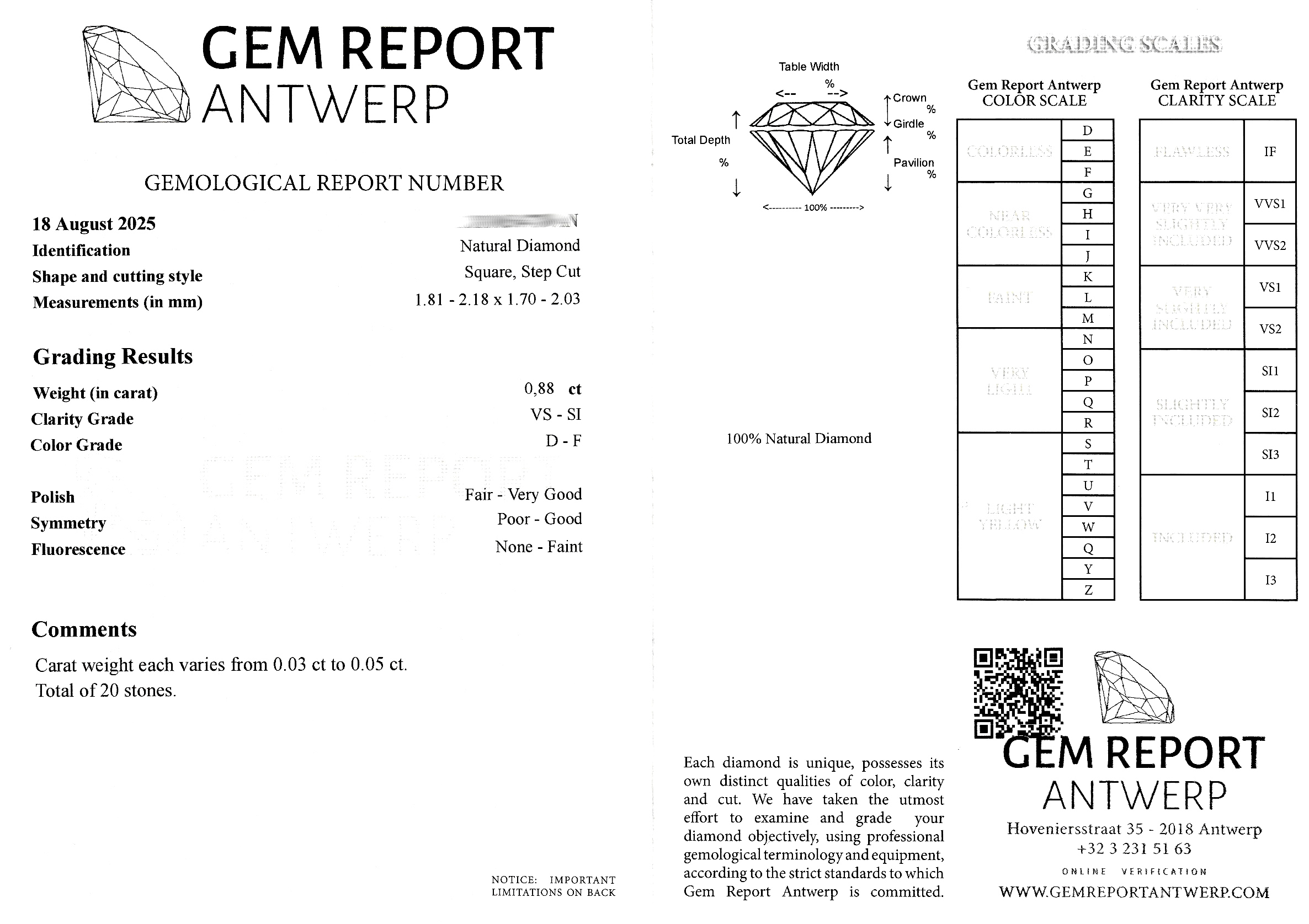 Detail a: 20 lose Diamant-Carrees zus. ca. 0.88 ct hochfeines Weiß(D)-feines Weiß(F)/vs-si, ca. 1.84 x 2.18 x 1.70-2.03 mm, 0.03-0.05 ct GEM Report