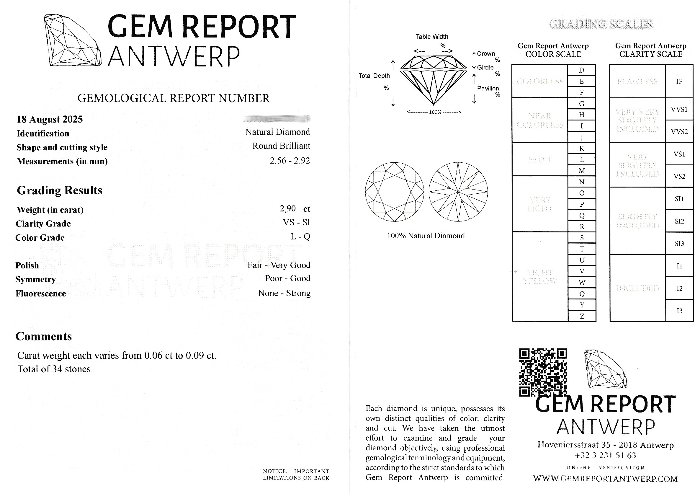 Detail a: 34 lose Brillanten zus. ca. 2.90 ct get. Weiß-Getönt(L-Q)/vs-si, 0.06 - 0.09 ct, GEM Report
