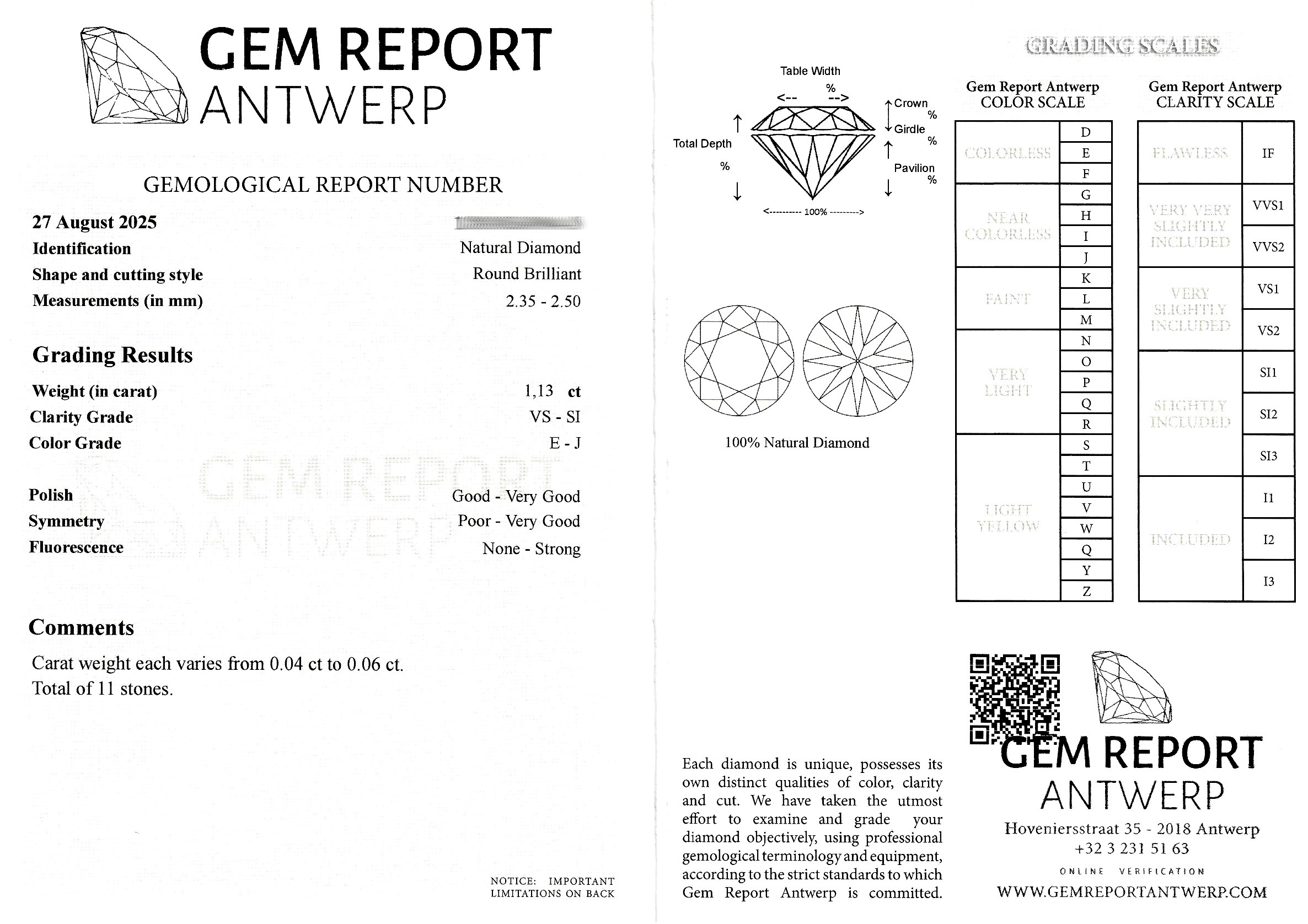 Detail a: 11 lose Brillanten zus. ca. 1.13 ct hochfeinesWeiß (E)-l.get. Weiß (J)/vs-si, 0.04 - 0.06 ct, GEM Report