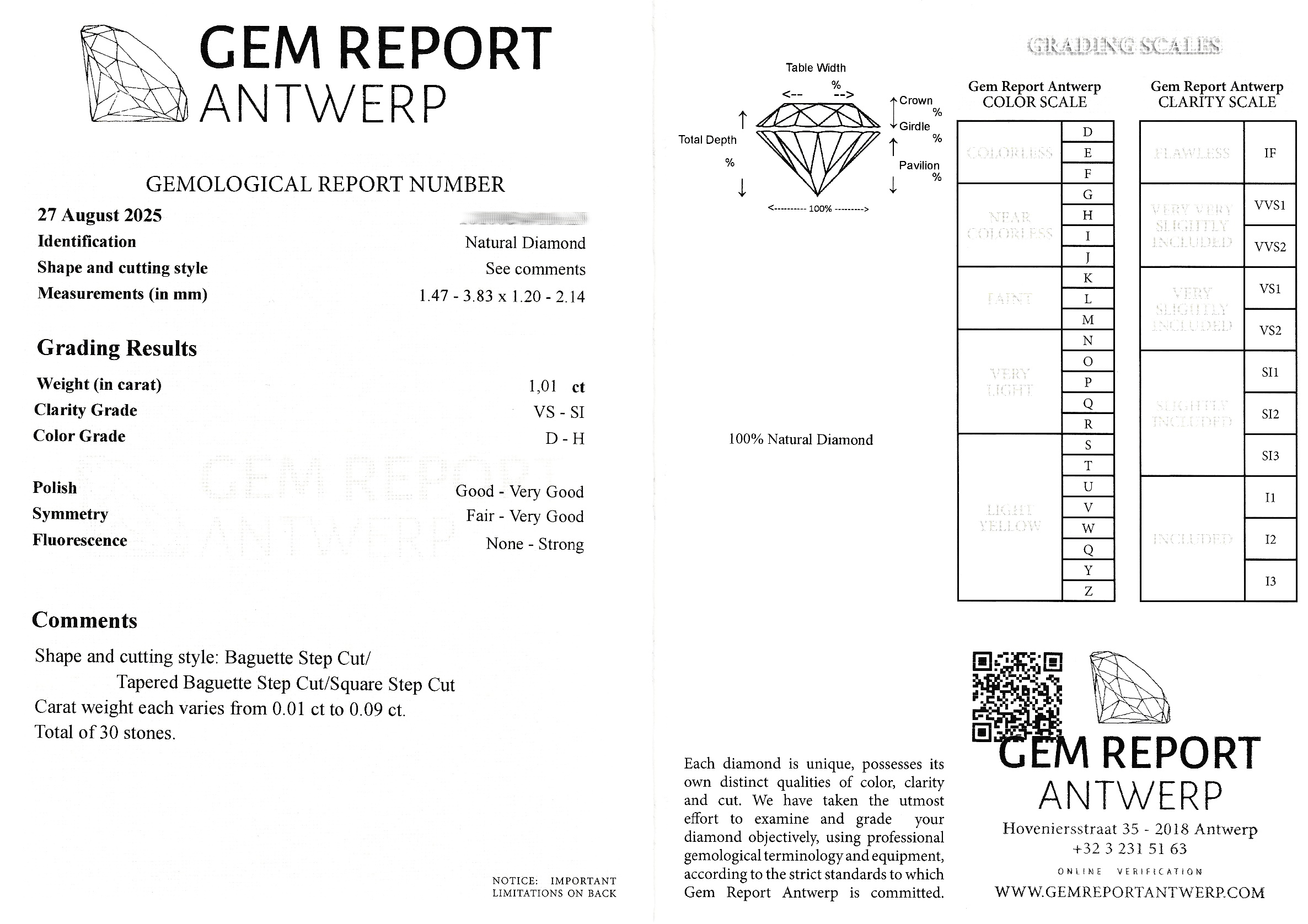 Detail a: 30 lose Diamanten zus. ca. 1.01 ct hochfeines Weiß(D)-Weiß/vs-si, Baguettes, Trapeze, Carrees, 0.01 - 0.09 ct, GEM Report