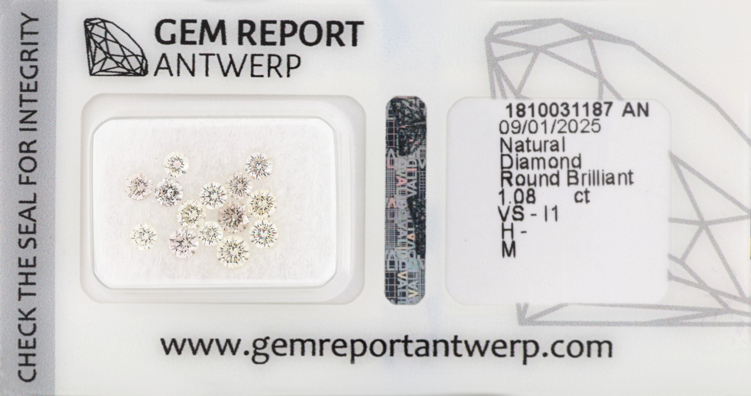 Image 27071796 - 14 lose Brillanten zus. ca. 1.08 ct Weiß- Getönt(M)/vs-p1, 0.04 ct-0.12 ct, GEM Report