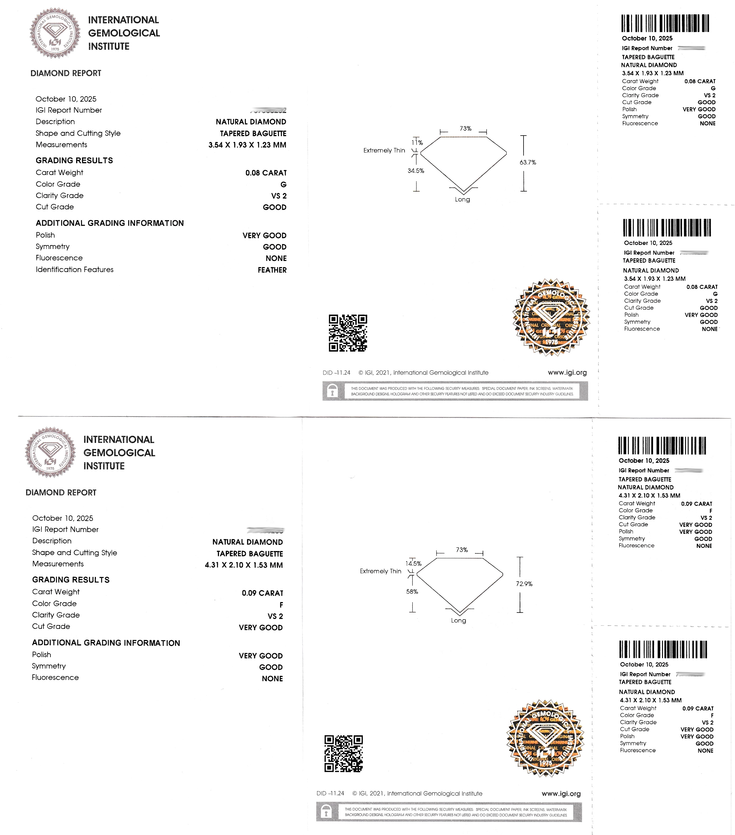 Detail c: Lot 2 lose Diamanten, Tapered Baguette, 1 x 0.09 ct feines Weiß(F)/vs2, und 1 x 0.08 ct feines Weiß(G)/vs2, eingeschweißt, IGI- Expertisen anbei