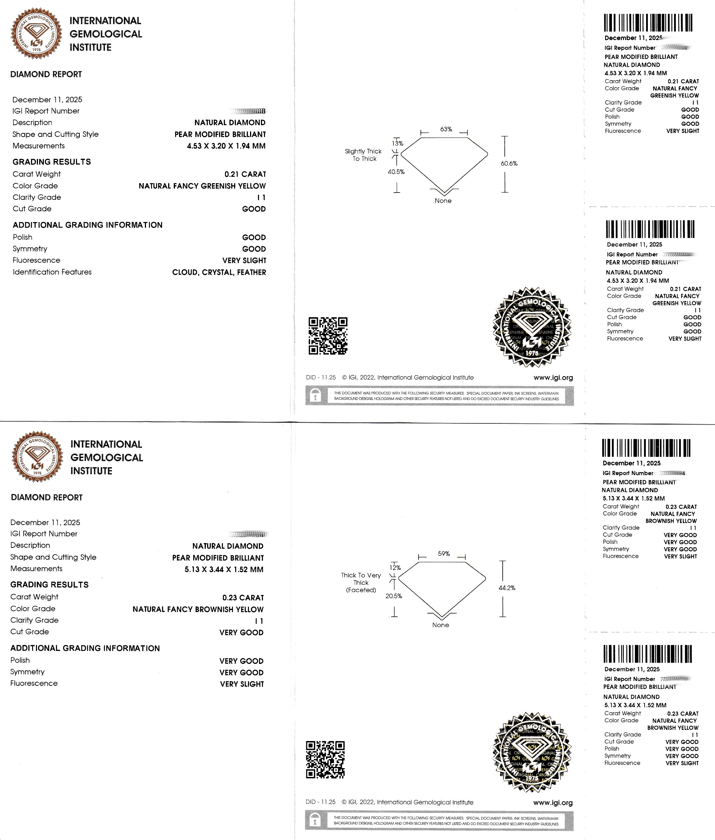 Detail c: Lot 2 lose Diamanten, Pear modified Brilliant,1 x 0.23 ct Natural Fancy Brownish Yellow/p1, 1 x Natural Fancy Greenish Yellow/p1, verschweißt, ...