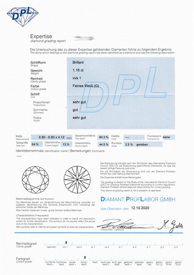 27071730d - Loser Brillant, 1.16 ct, feines Weiß (G)/vvs1, DPL-Expertise Schätzpreis: 9800, - EUR