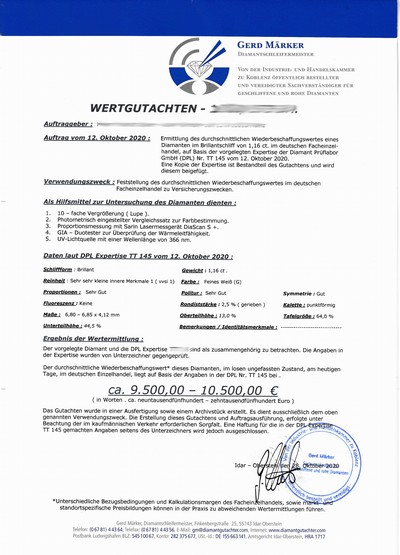 27071730e - Loser Brillant, 1.16 ct, feines Weiß (G)/vvs1, DPL-Expertise Schätzpreis: 9800, - EUR