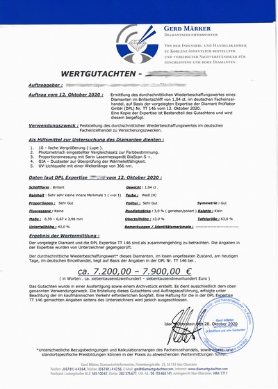 27071733d - Loser Brillant, 1.04 ct Weiß(H)/vvs1, DPL Expertise Schätzpreis: 7100, - EUR