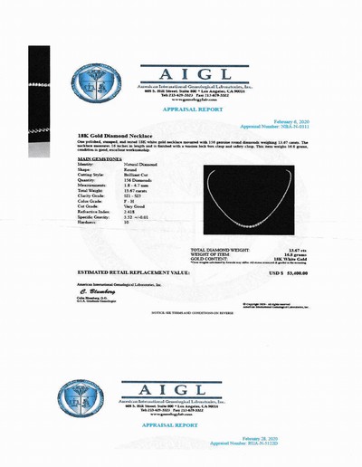 27071749a - 18 kt Gold Brillant-Collier, WG 750/000, 156 Brillanten zus. ca. 13.67 ct feines Weiß- ...